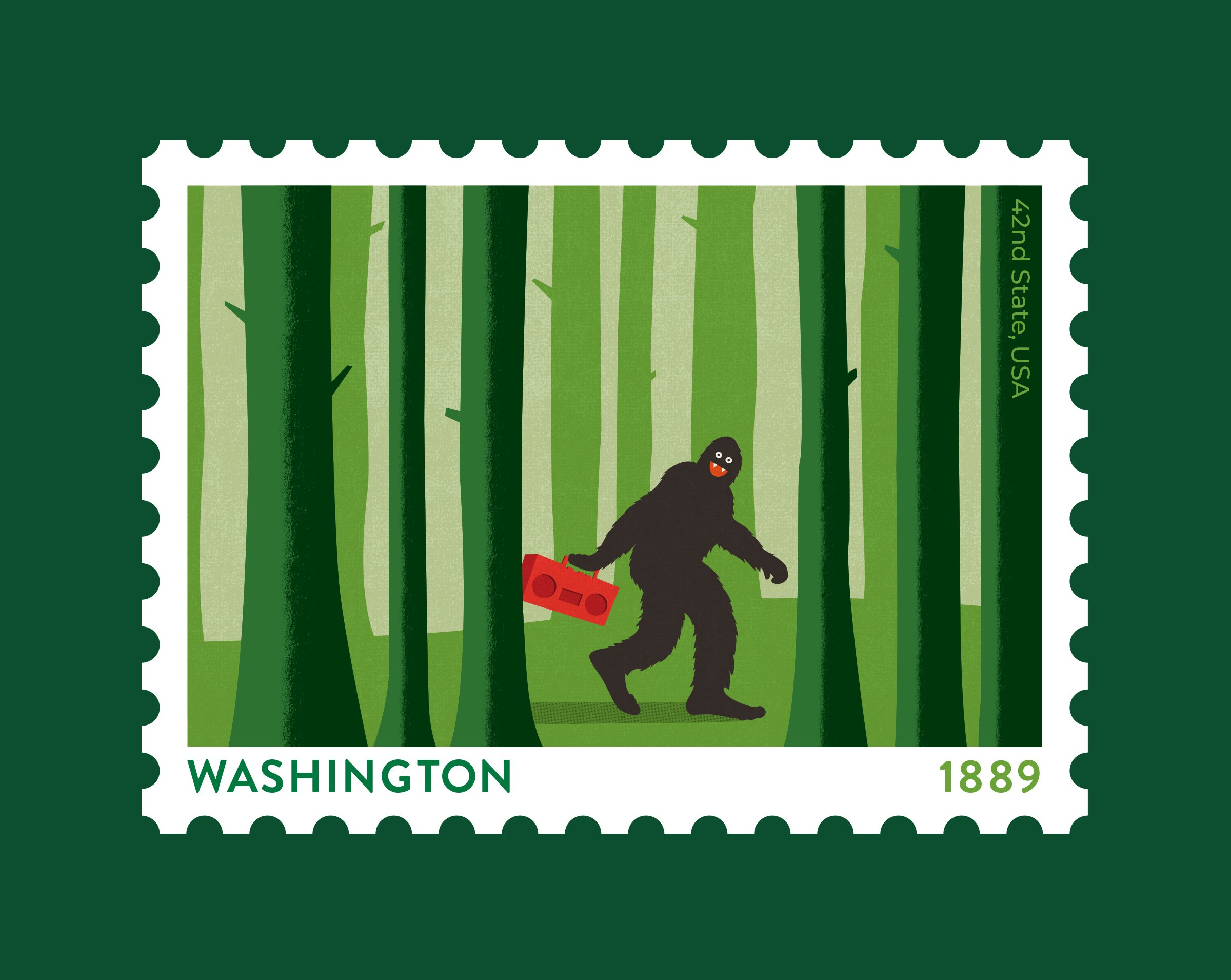 U.S. postage stamp featuring a cartoon Bigfoot in a green forest holding a red boombox.
