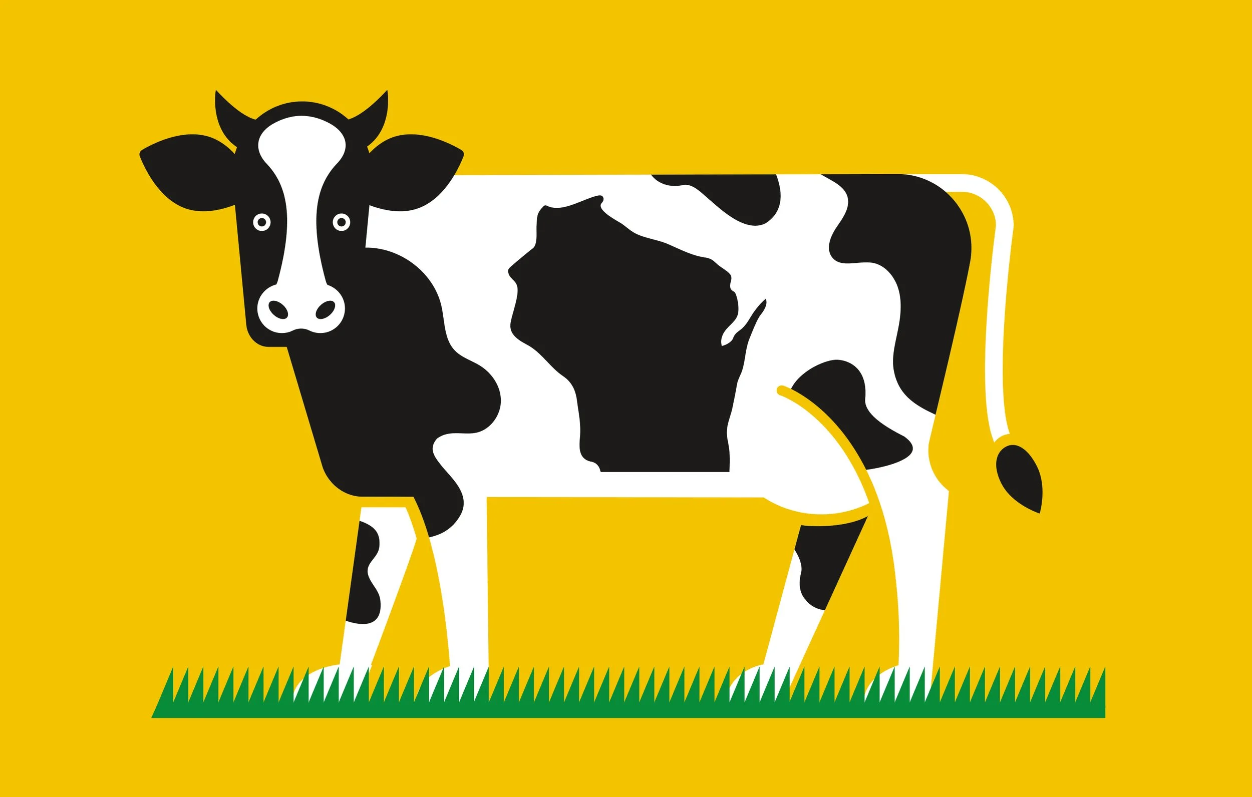 Stylized illustration of a black and white cow standing on green grass against a yellow background.