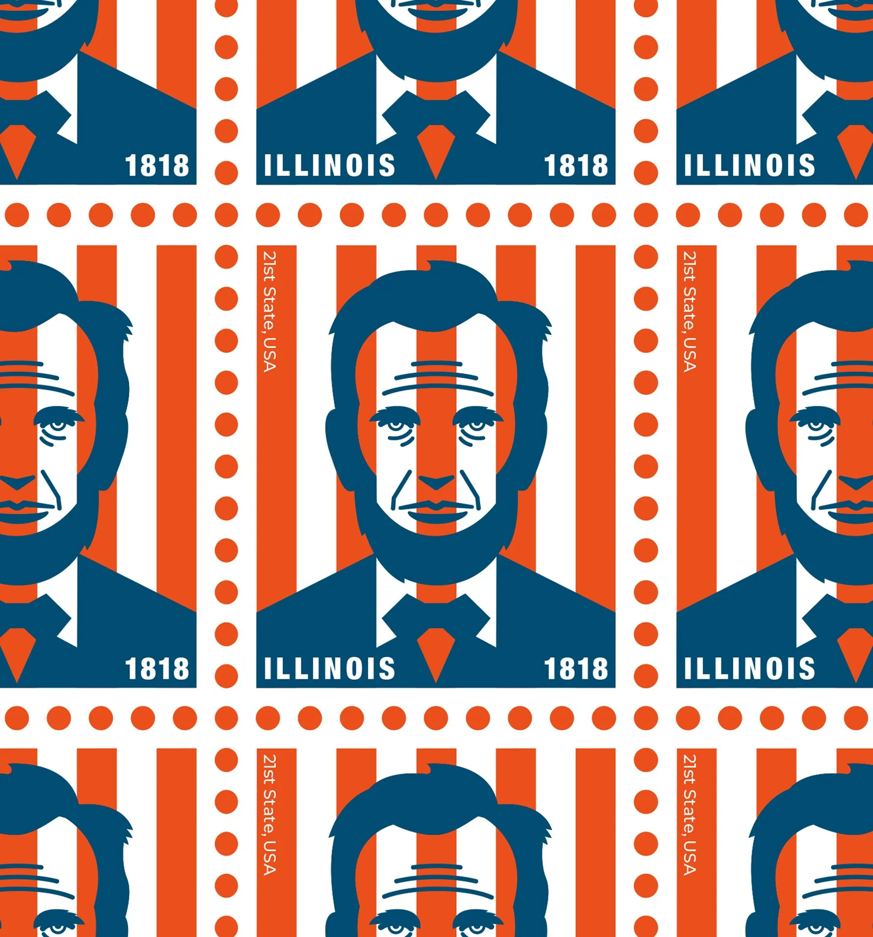 Pattern of stylized portraits of Abraham Lincoln with striped background, the text 'Illinois,' '1818,' and '21st State, USA' repeating.