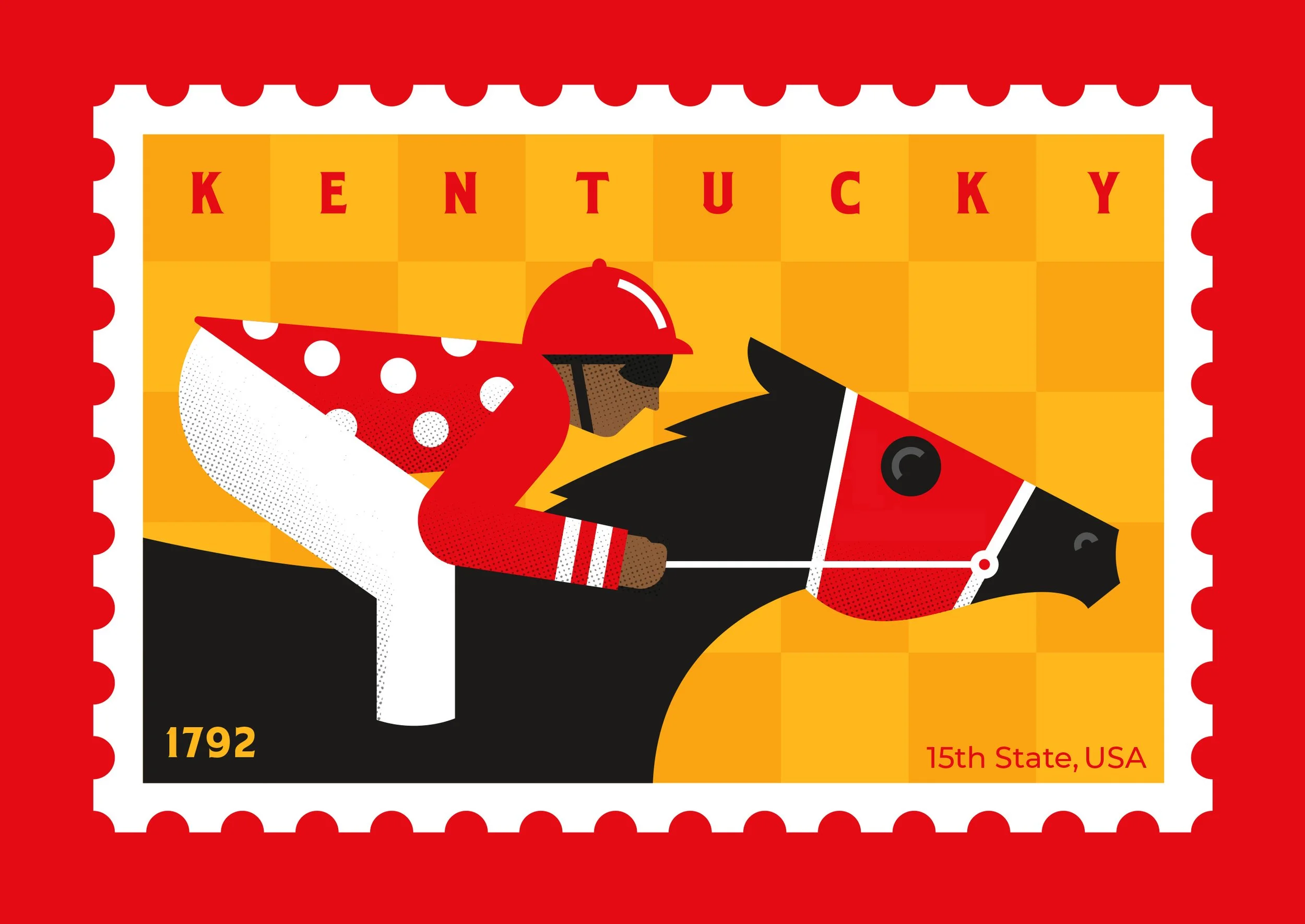 Illustration of a Kentucky state postage stamp featuring a jockey riding a horse against a yellow checkerboard background. The stamp has a red border, the word 'Kentucky' in red at the top, '1792' in yellow at the bottom left, and '15th State, USA' i