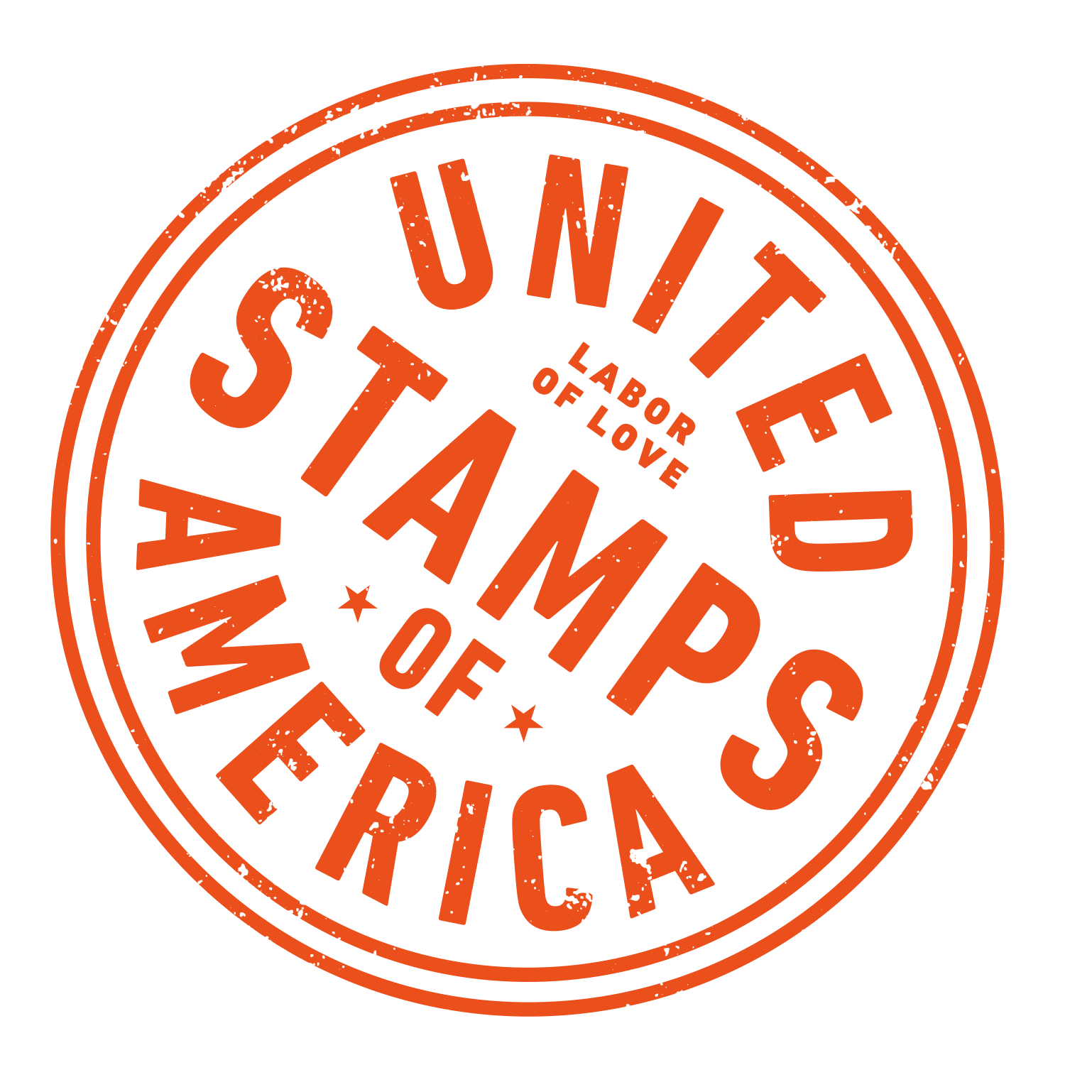 Circular logo with orange text on a black background reading 'United States of America' with 'Labor of Love' in smaller font, and 'States of America' arranged around the center.