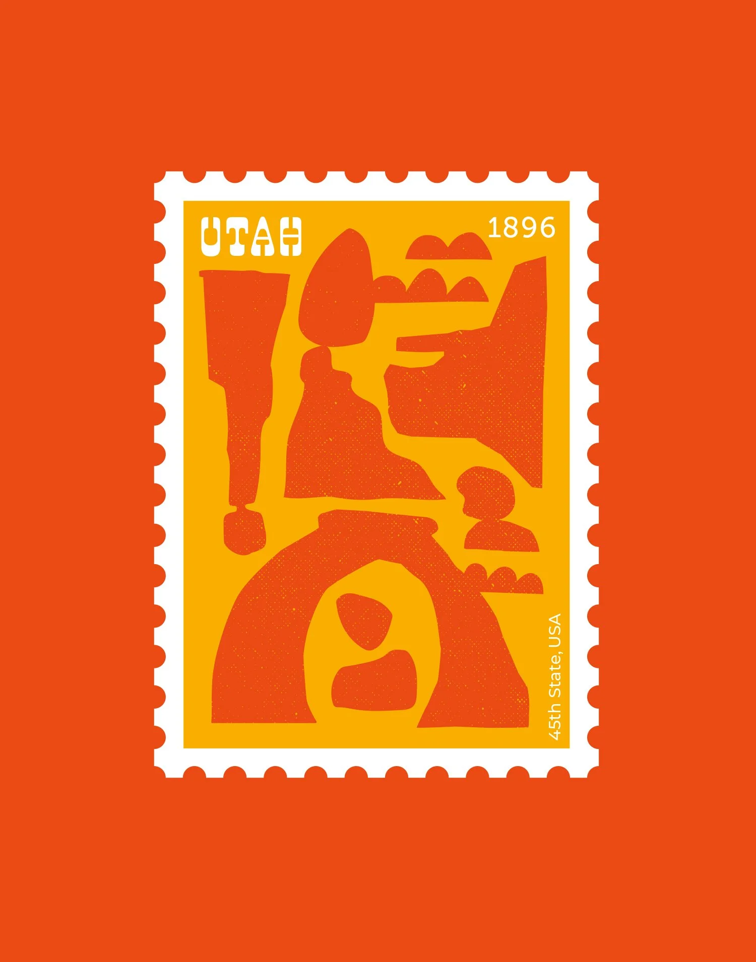 A Utah postage stamp featuring stylized, abstract shapes in orange and yellow. The stamp has the text 'UTAH 1896' and '45th State, USA' on it.