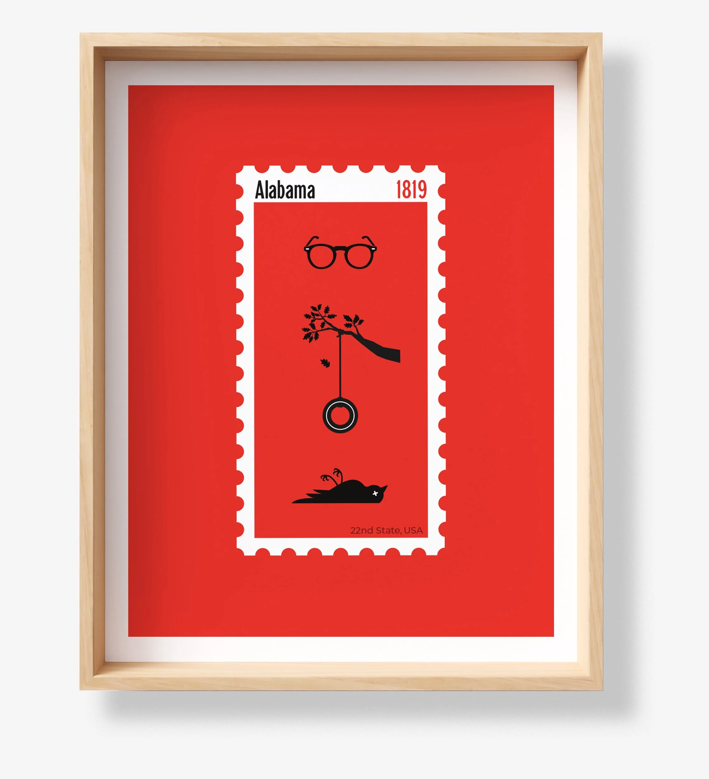 A postage stamp-themed artwork with black silhouettes of glasses, a tree branch, a wheel, and a dead animal on a red background, framed in wood, representing Alabama, established in 1819, with text indicating the 22nd State, USA.