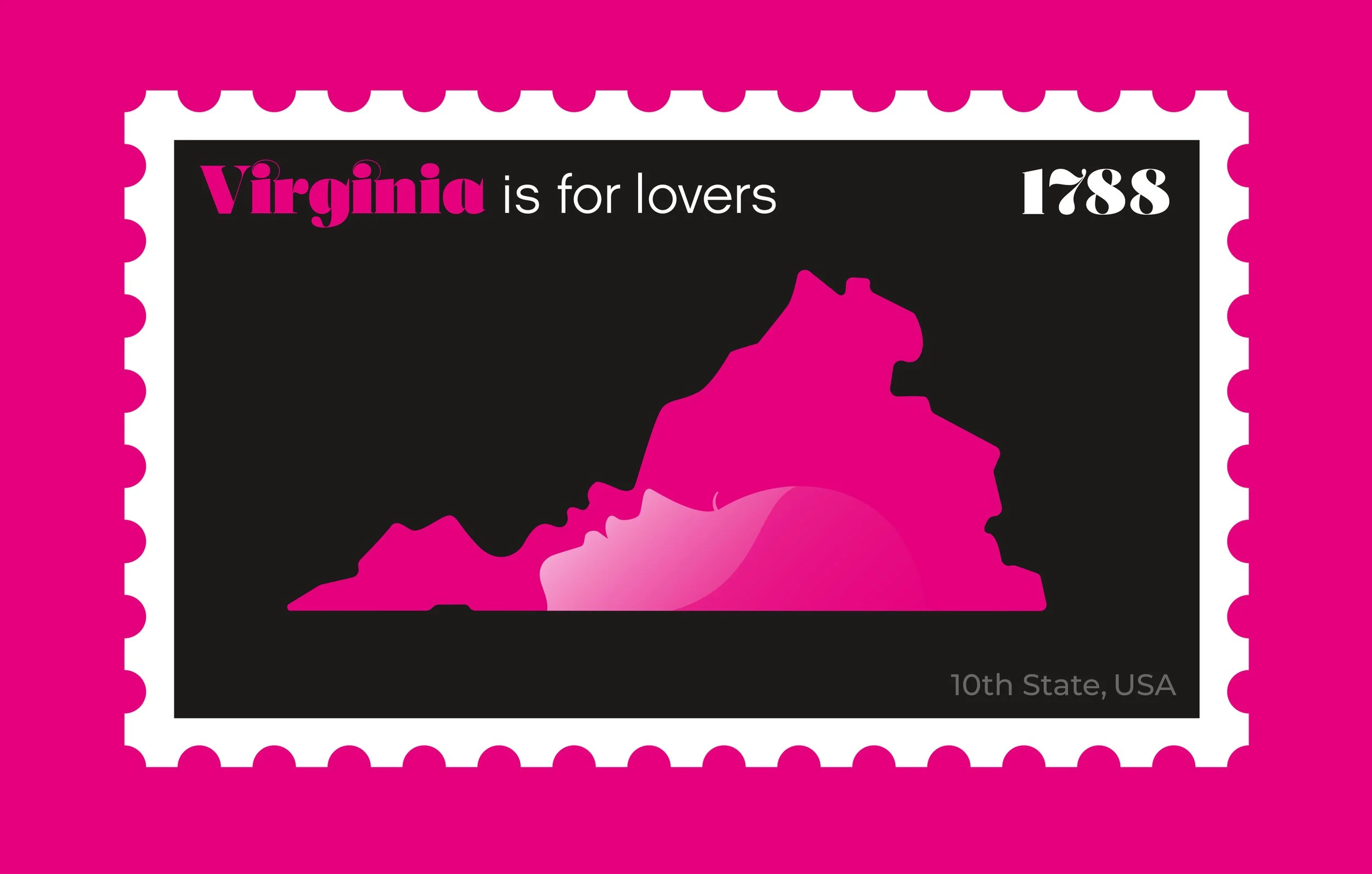 A postage stamp with a pink background featuring a black rectangle with pink and white text. The stamp shows a pink silhouette of the state of Virginia, with the word "Virginia" in magenta, and the phrase "is for lovers." The year 1788 is printed on 