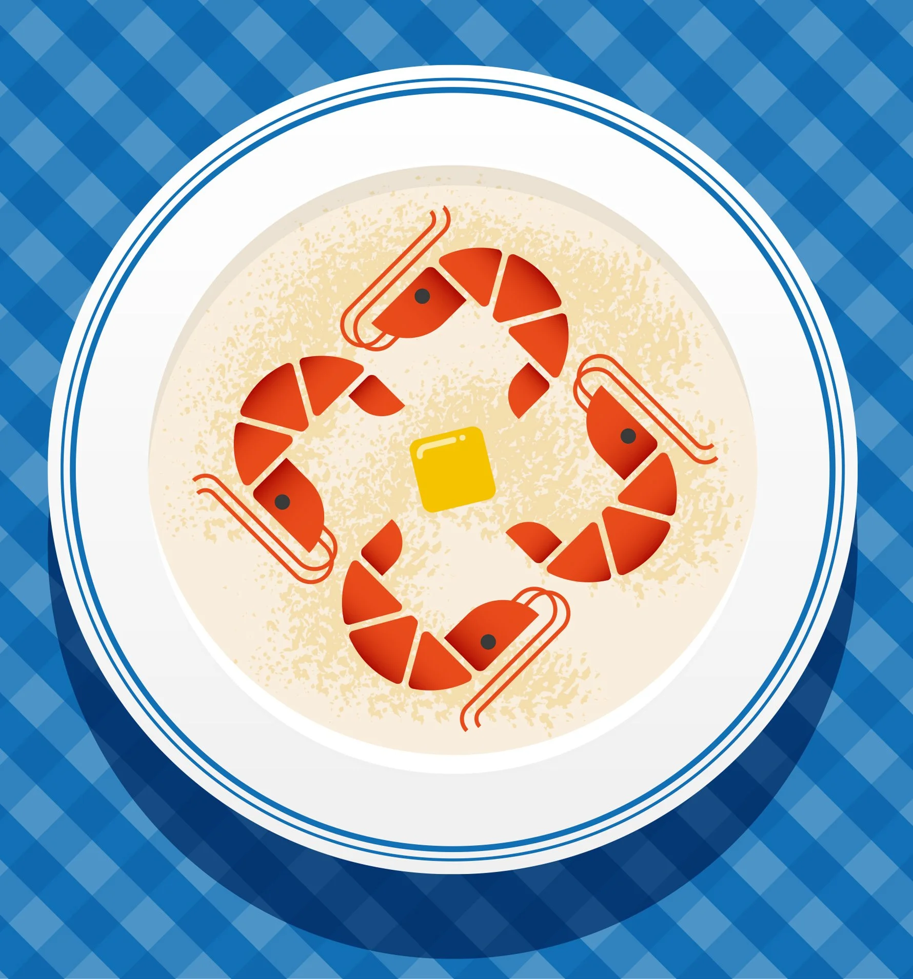 A plate of cooked shrimp with lemon wedge on a blue checkered tablecloth.