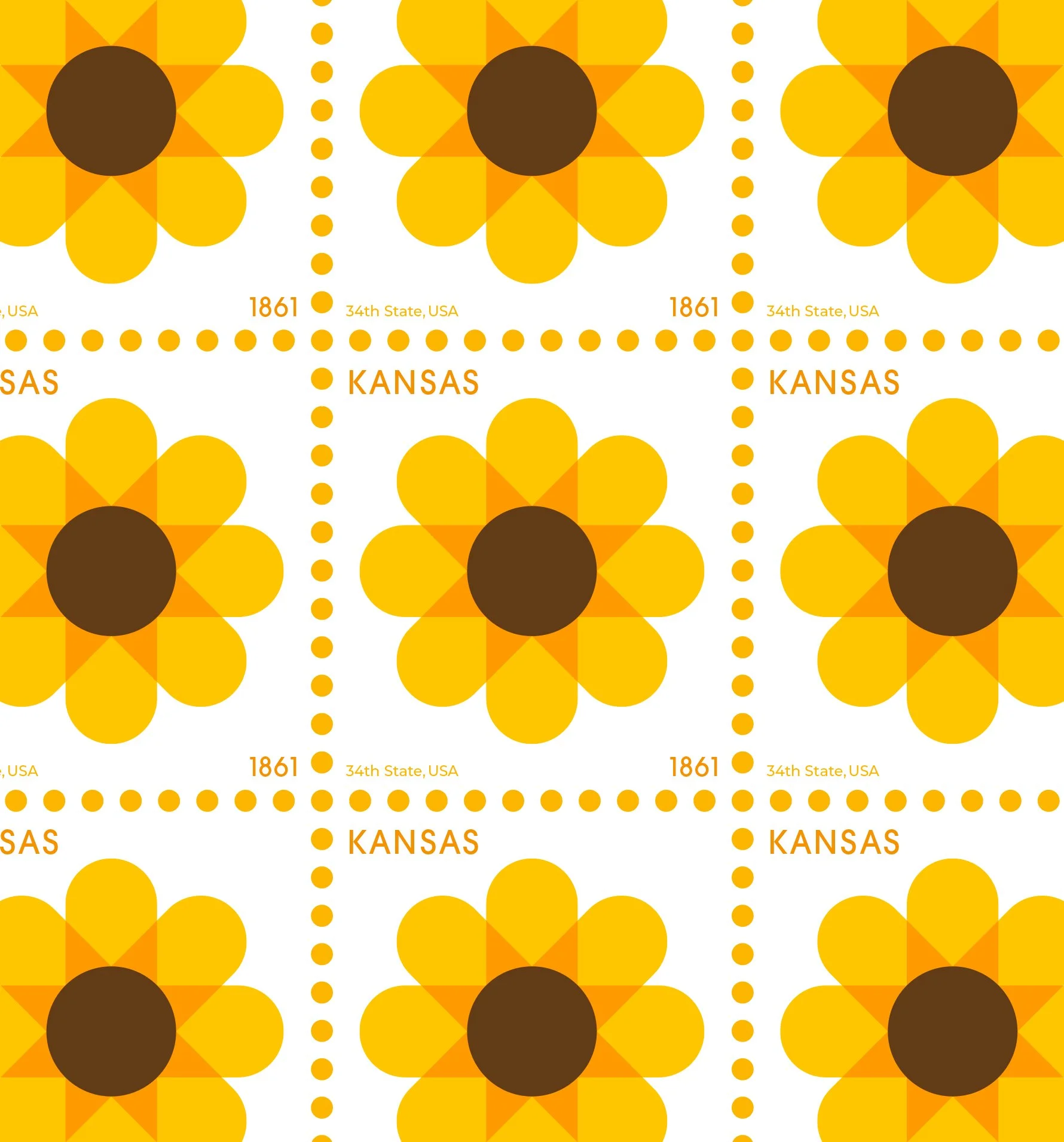 A sheet of postage stamps featuring a stylized sunflower with dark brown center and yellow petals, labeled "KANSAS" and "1861", celebrating the 34th state of the USA.