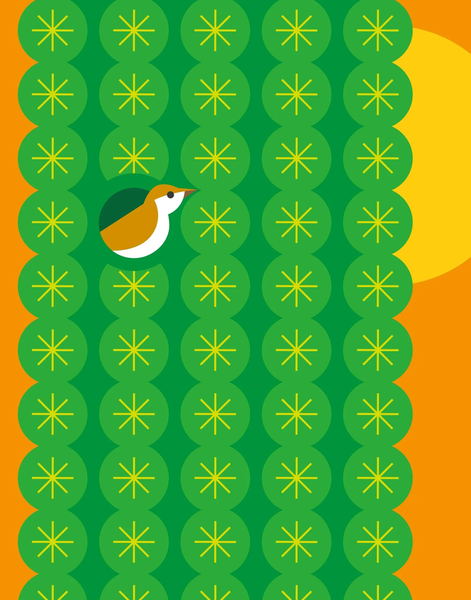 Simplified illustration of a bird in a circular green area with yellow starburst shapes, surrounded by orange and yellow background.