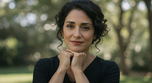 A woman with dark curly hair and brown eyes outdoors, resting her chin on her hands and looking at the camera with a slight smile.