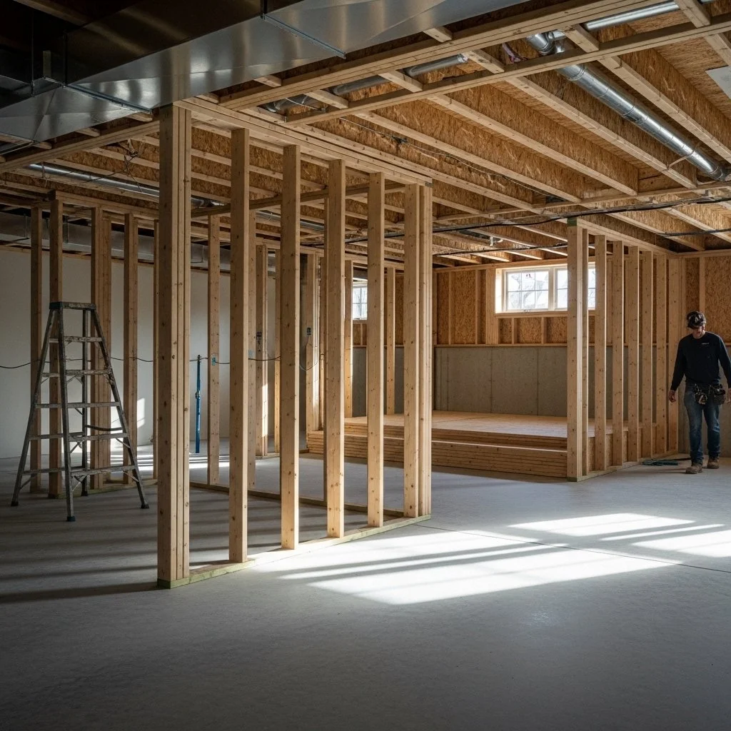 A construction worker wearing a yellow hard hat and a blue vest holds a hammer inside a framed wooden structure under construction. There is a step ladder in the background and construction tools on a workbench.