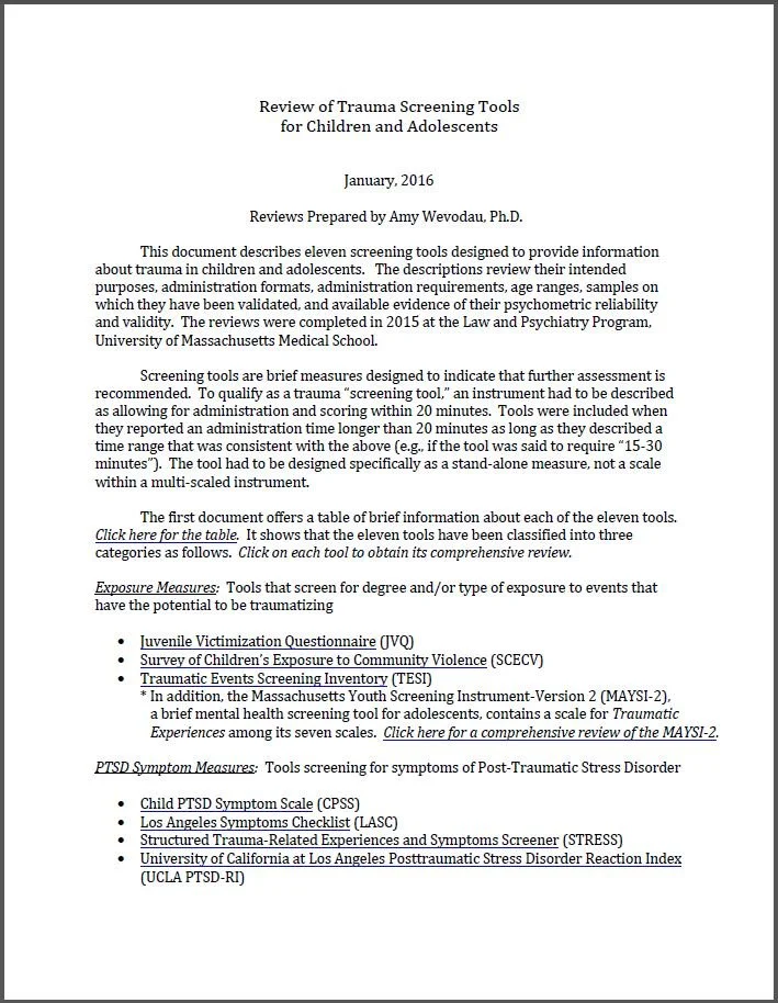 Review of Trauma Screening Tools for Children and Adolescents (2016)