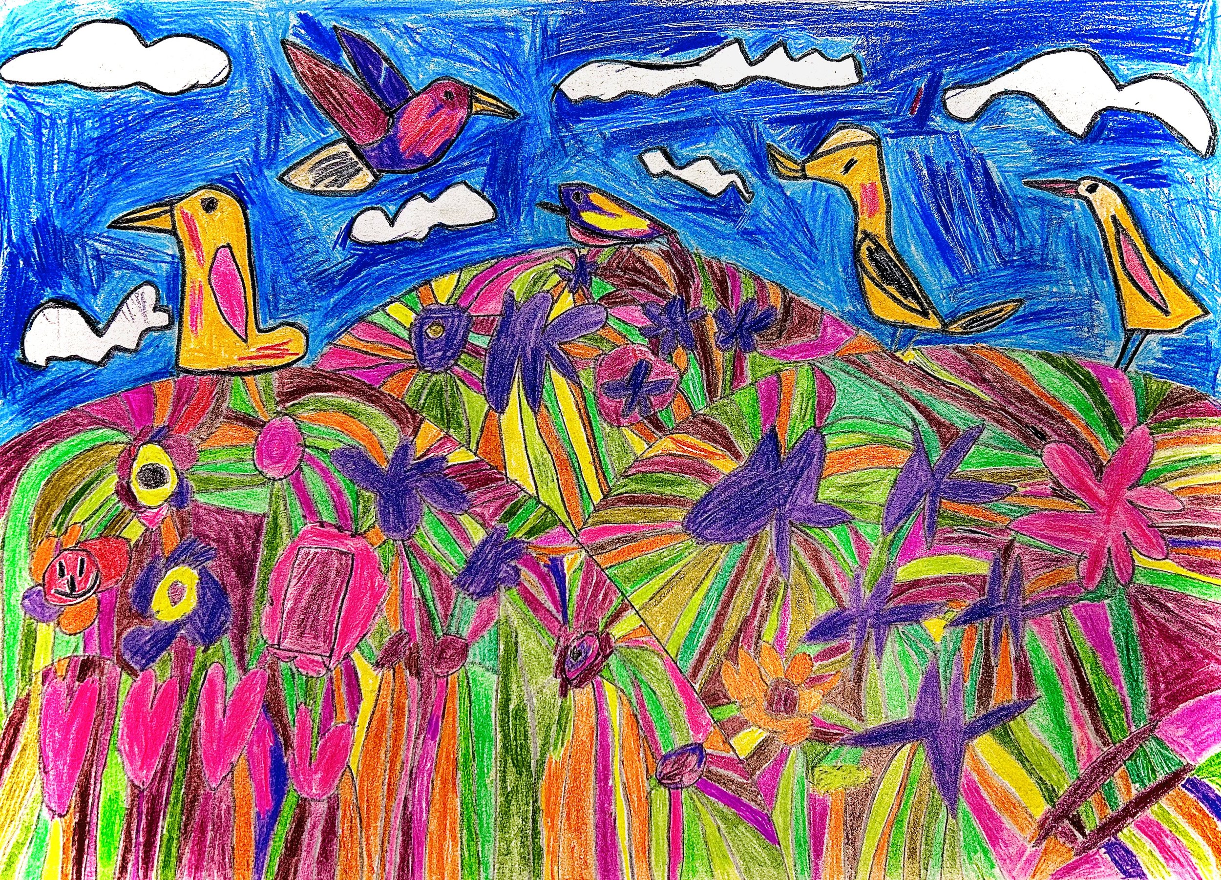 Colorful drawing of a vibrant flower field with various flowers, butterflies, and birds flying in the sky against a blue background with white clouds.