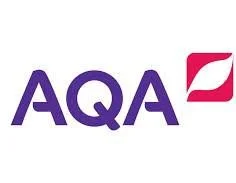 A logo with the text 'AQA' next to a stylized pink and white leaf design.