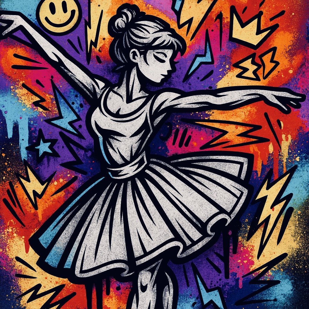 A graffiti-style artwork of a ballerina dancing with arms outstretched, surrounded by colorful abstract splashes, lightning bolts, stars, and a smiley face in the background.