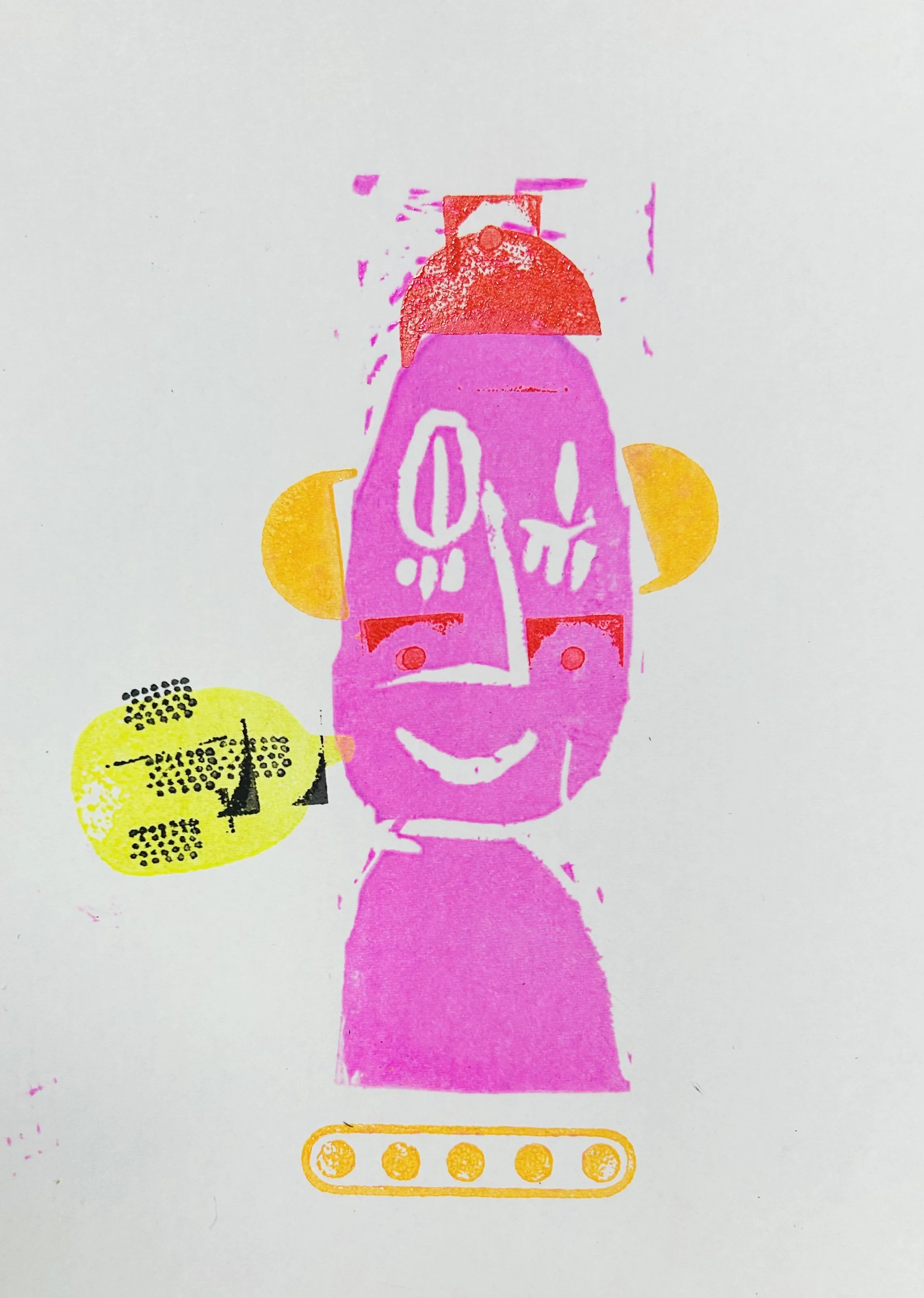 Colorful abstract drawing of a smiling person with yellow ears, pink face and body, red hat, and yellow speech bubble.
