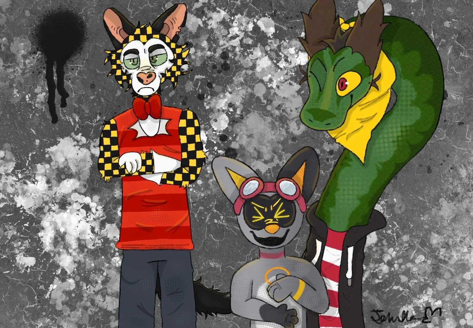Three anthropomorphic animal characters standing in front of a gray, black, and white splattered textured background. One is a zebra with green eyes, a red bowtie, checkered black and yellow fur, wearing a red shirt with a star, and has a serious exp