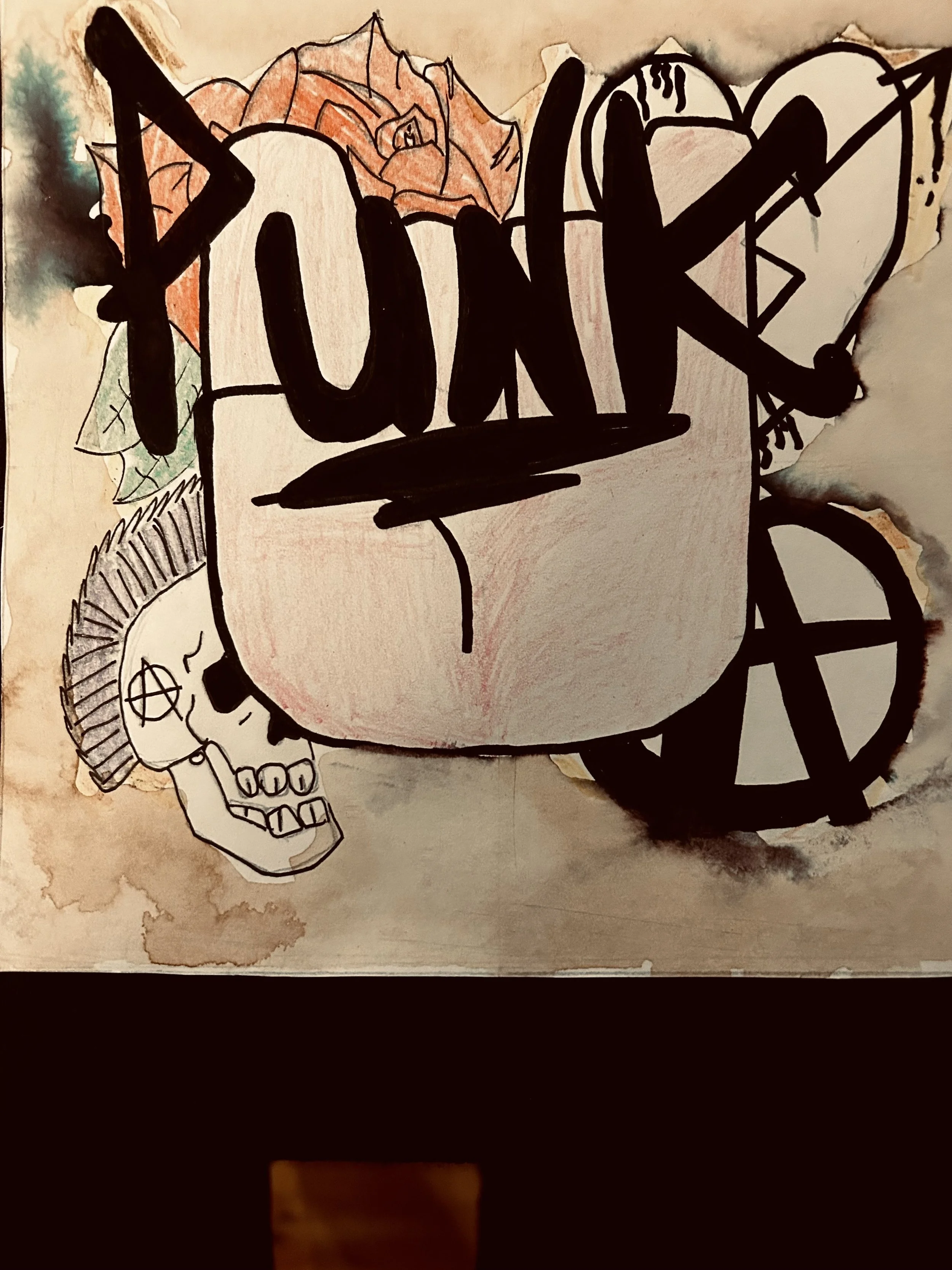 A drawing featuring a large mug with the word 'LOVE' written inside it, a skeleton in a helmet, and a background with various abstract sketches and watercolor effects.