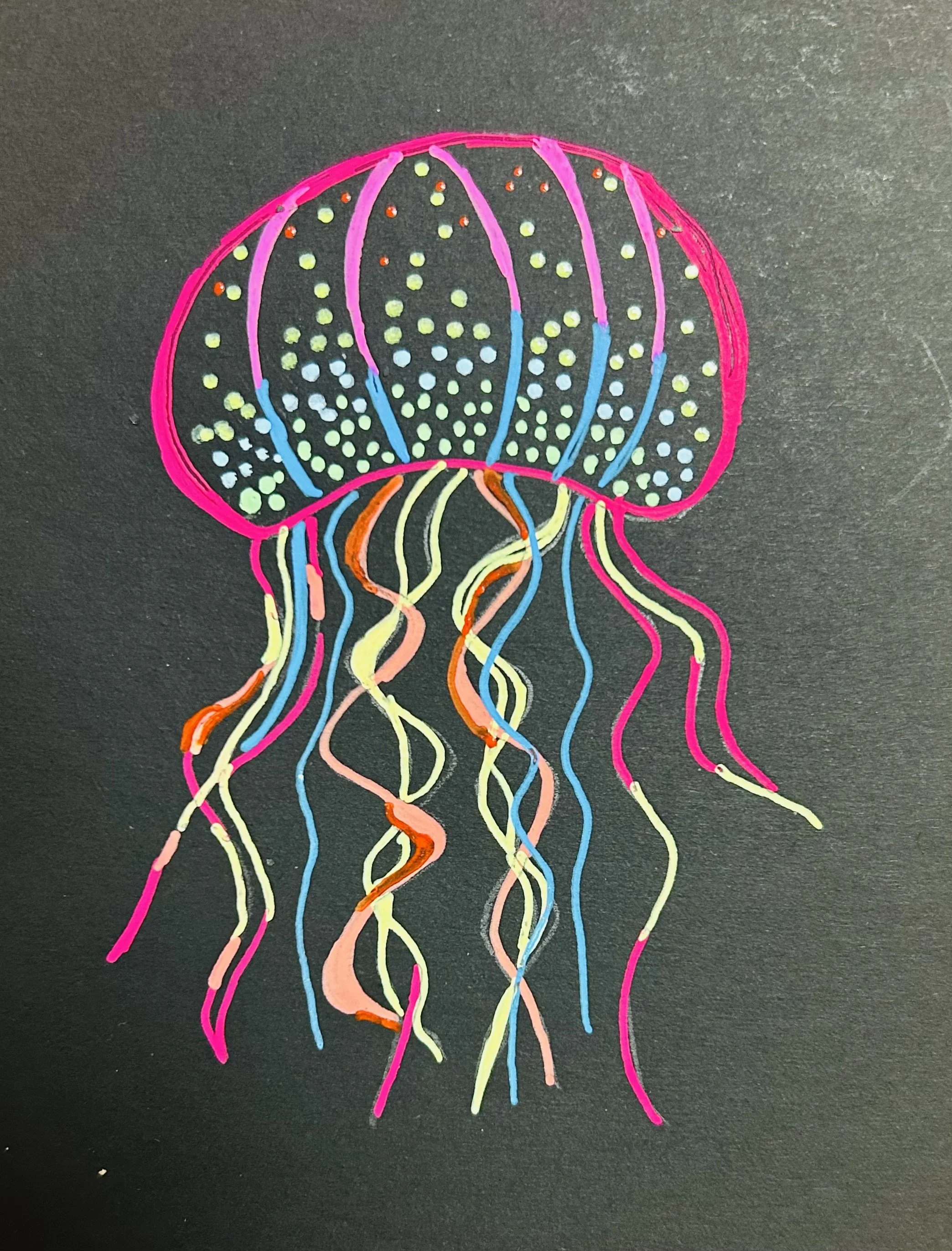 Colorful neon jellyfish drawing on black background.
