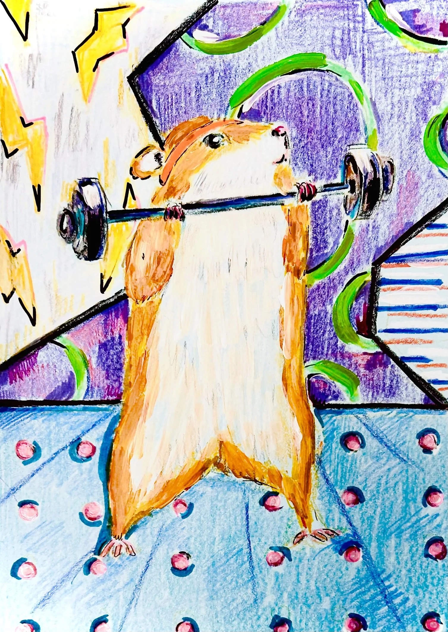 A cute hamster holding a barbell with weights, standing on a polka-dotted blue floor in a colorful gym.
