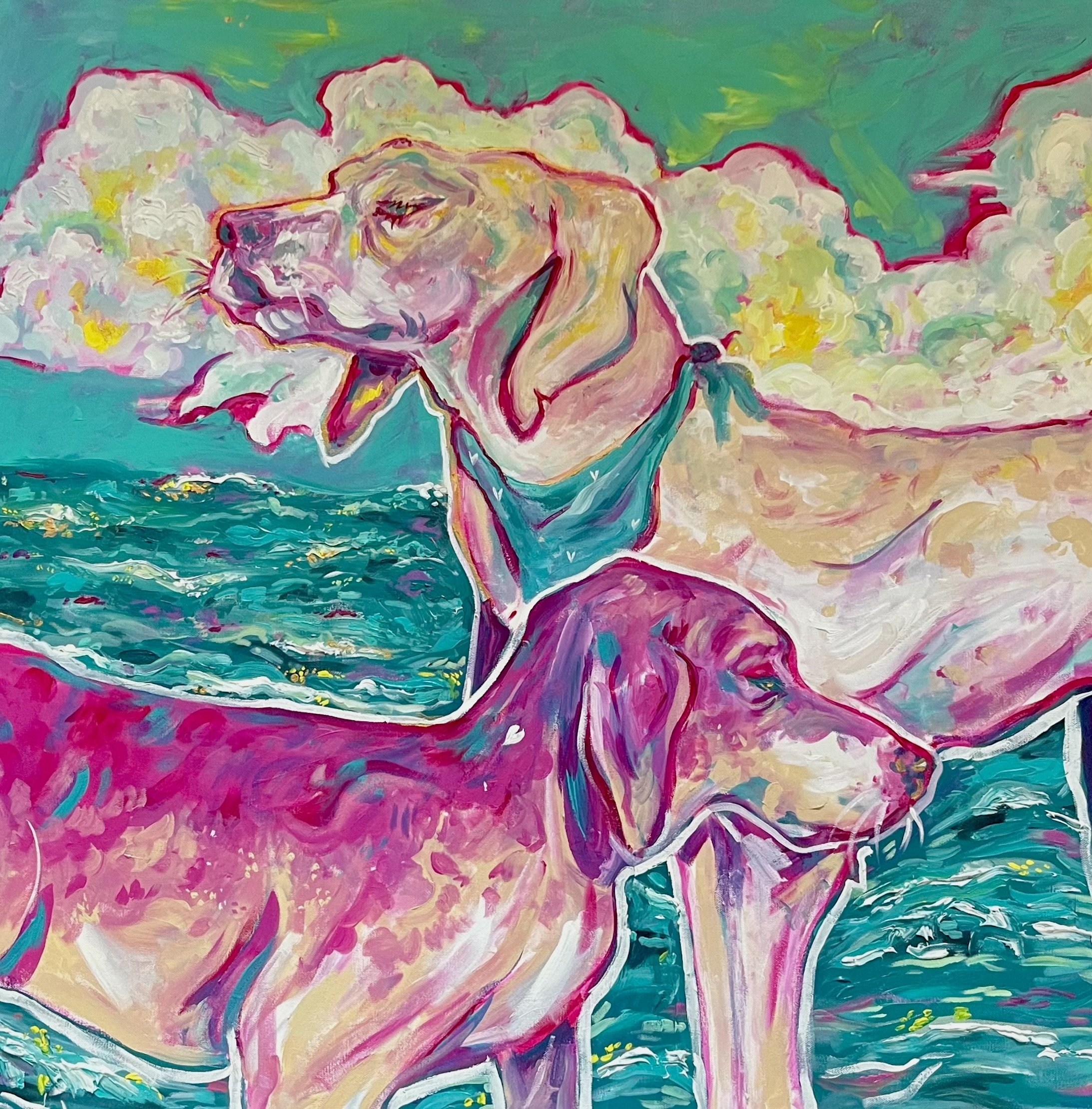 This painting honors my two childhood hound dogs, Lucy and Sammy, who have remained close to my heart even after my family’s move to Texas. While creating art for our new home, I didn’t want them to be left behind, so I gave them a place on the canv