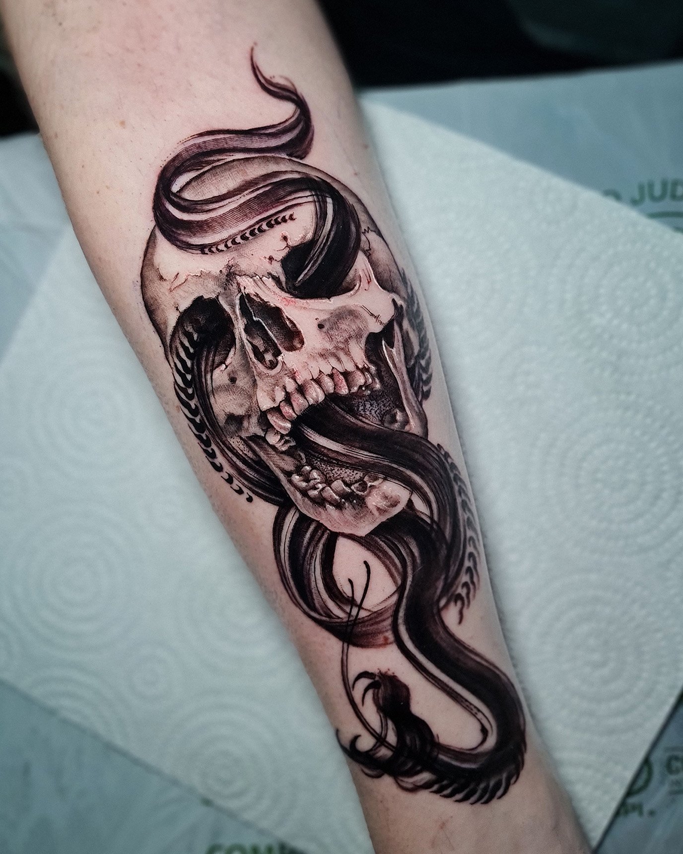 Tattoo of a snake intertwined with a skull on a person's forearm.
