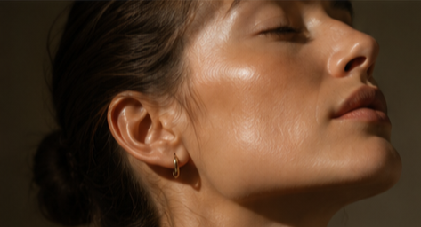 Close-up of a woman with her eyes closed, showing her side profile, smooth skin, and a small hoop earring.