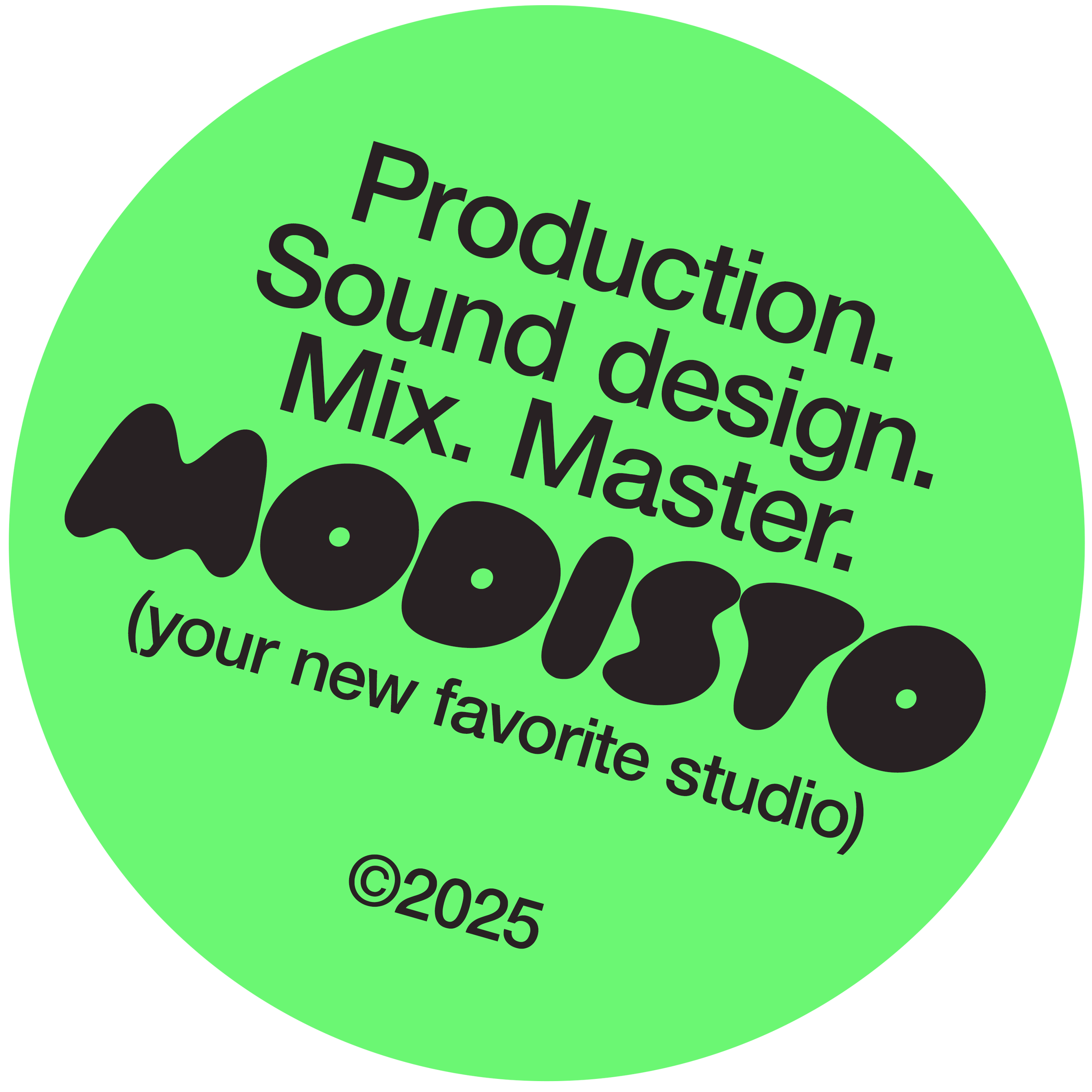 Logo vert avec texte en français évoquant la production audio, le sound design, le mixage et la musique électronique, incluant également des mentions de studio et droits d'auteur.