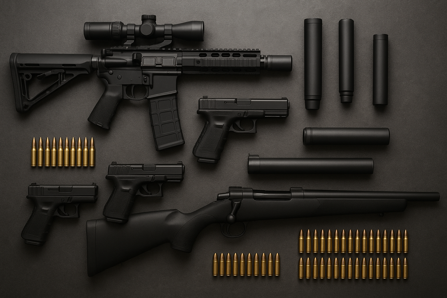 AR15, Glock Pistol, Bolt Action Rifle, Suppressors