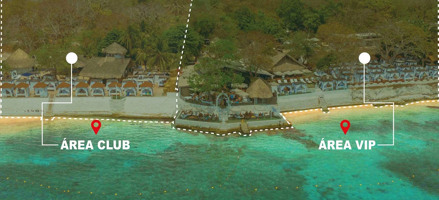 Vista aérea Bora Bora Beach Club — Área Club (izquierda) y Área VIP (derecha)