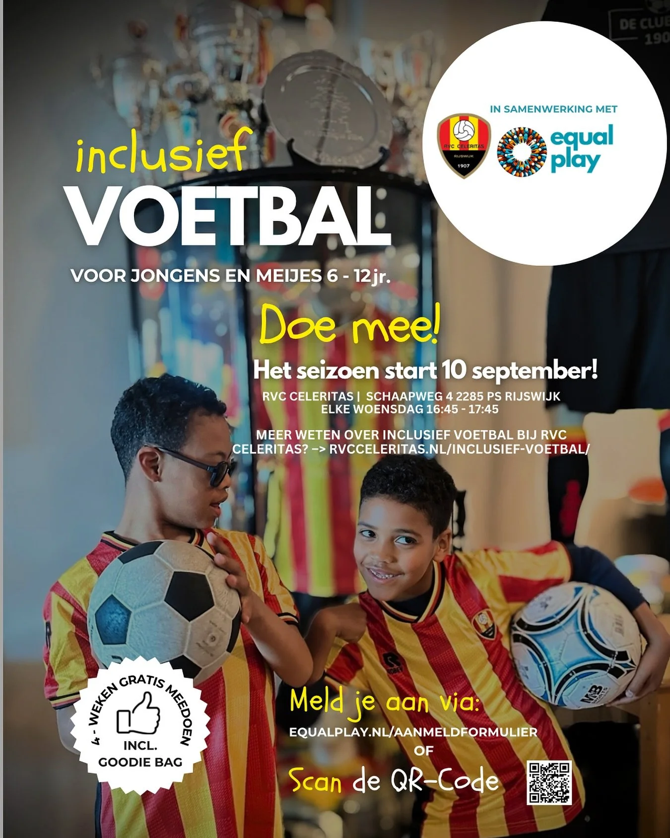 ⚽✨ Goed nieuws!

Na de zomervakantie start het inclusieve voetbalteam bij RVC Celeritas weer! 🎉
📅 Vanaf woensdag 10 september
🕓 16:45 &ndash; 17:45
📍 Rijswijk

Iedere woensdag samen trainen, plezier maken en groeien in een warm team. 💪
Alle jong