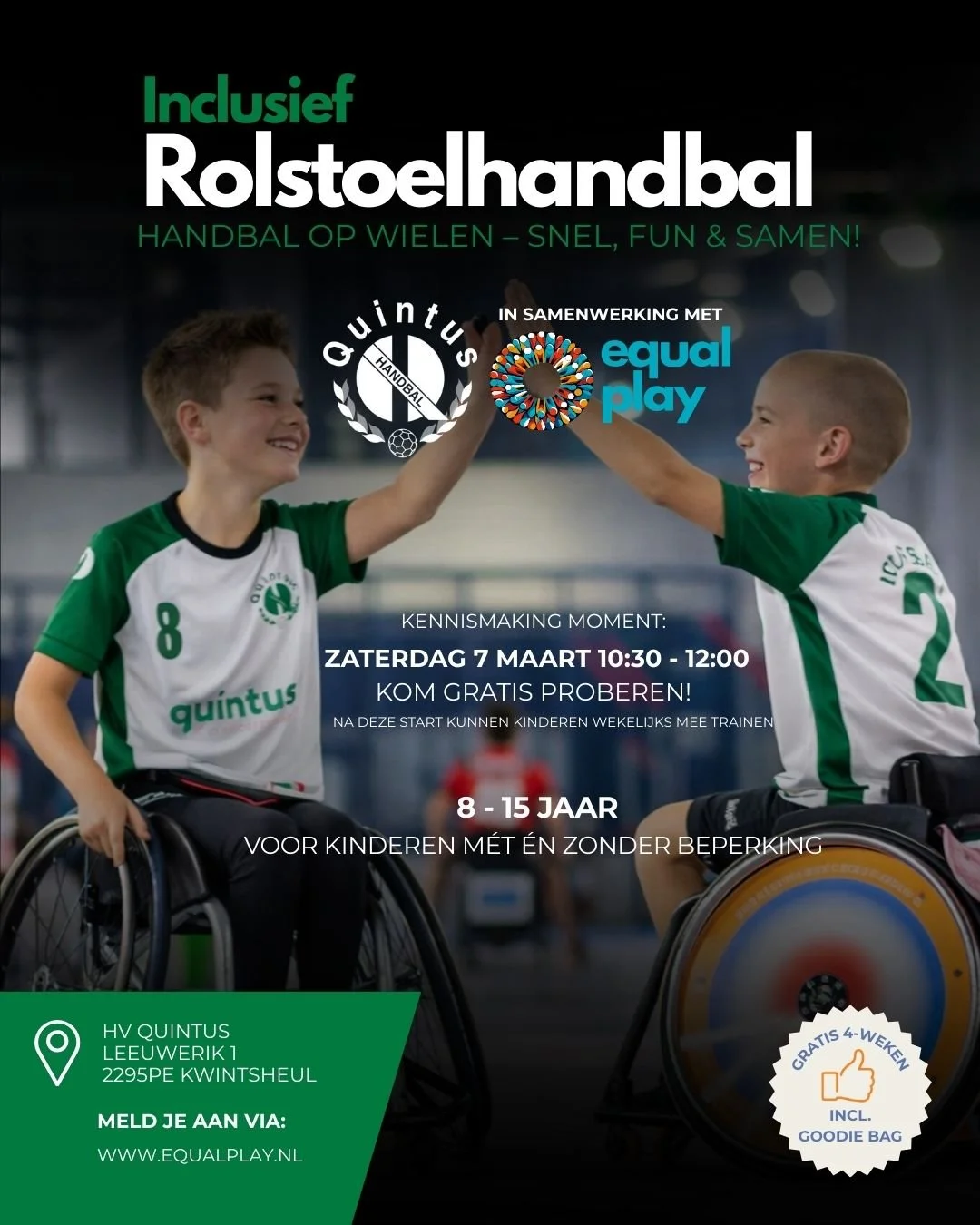 Ben je op zoek naar een inclusieve sport voor je kind?

Bij HV Quintus kunnen kinderen van 8&ndash;15 jaar al een jaar lang samen rolstoelhandbal spelen&ndash; met en zonder beperking.

👉 Zaterdag 7 maart is jullie kennismakingsmoment!! 
Je kind kri