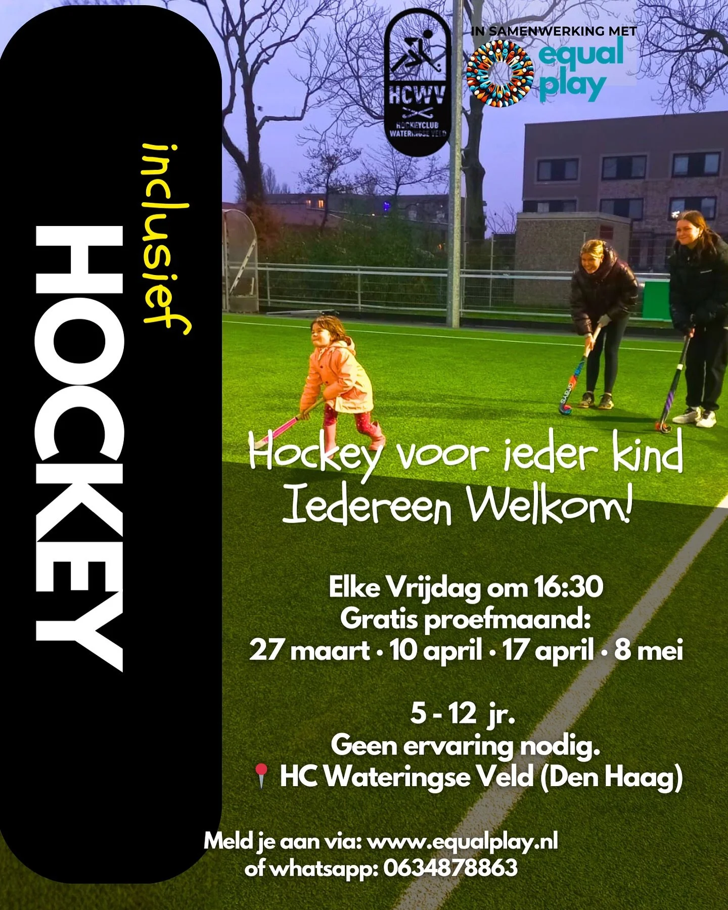 Goed nieuws! 🎉

De inclusieve hockeytrainingen in Wateringse Veld (Den Haag) zijn gestart en lopen super leuk 😊

We hebben nog plek en extra proeftrainingen toegevoegd!
 Voor kinderen (ca. 5&ndash;12 jaar) die (nog) niet goed hun plek hebben gevond