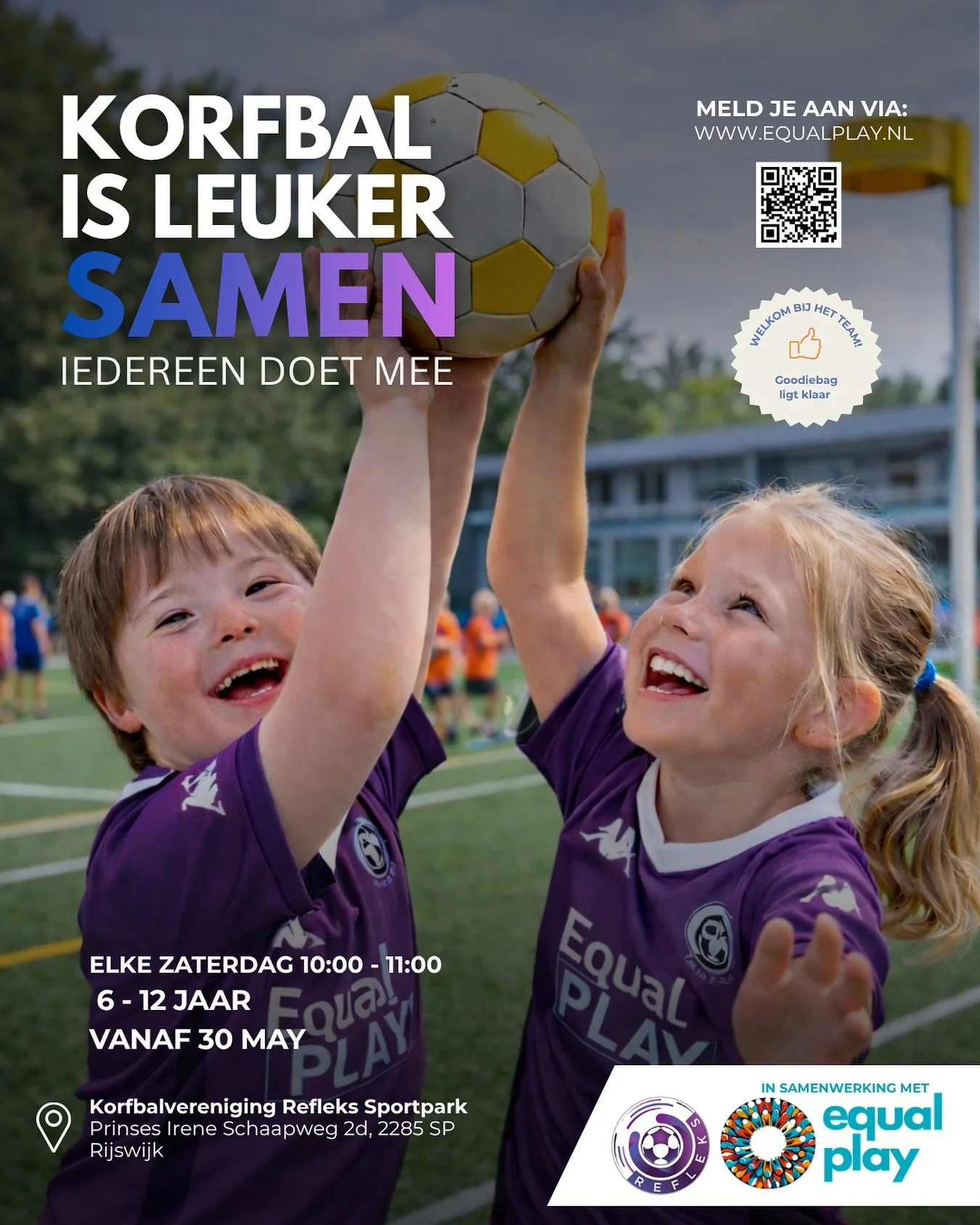 🏐 Korfbal is leuker samen 💜

We starten een nieuw inclusief korfbalteam samen met @k.v.refleks K. V. Refleks in Rijswijk!

Kinderen van 6&ndash;12 jaar, met &eacute;n zonder beperking, sporten samen in &eacute;&eacute;n team waar plezier, beweging 