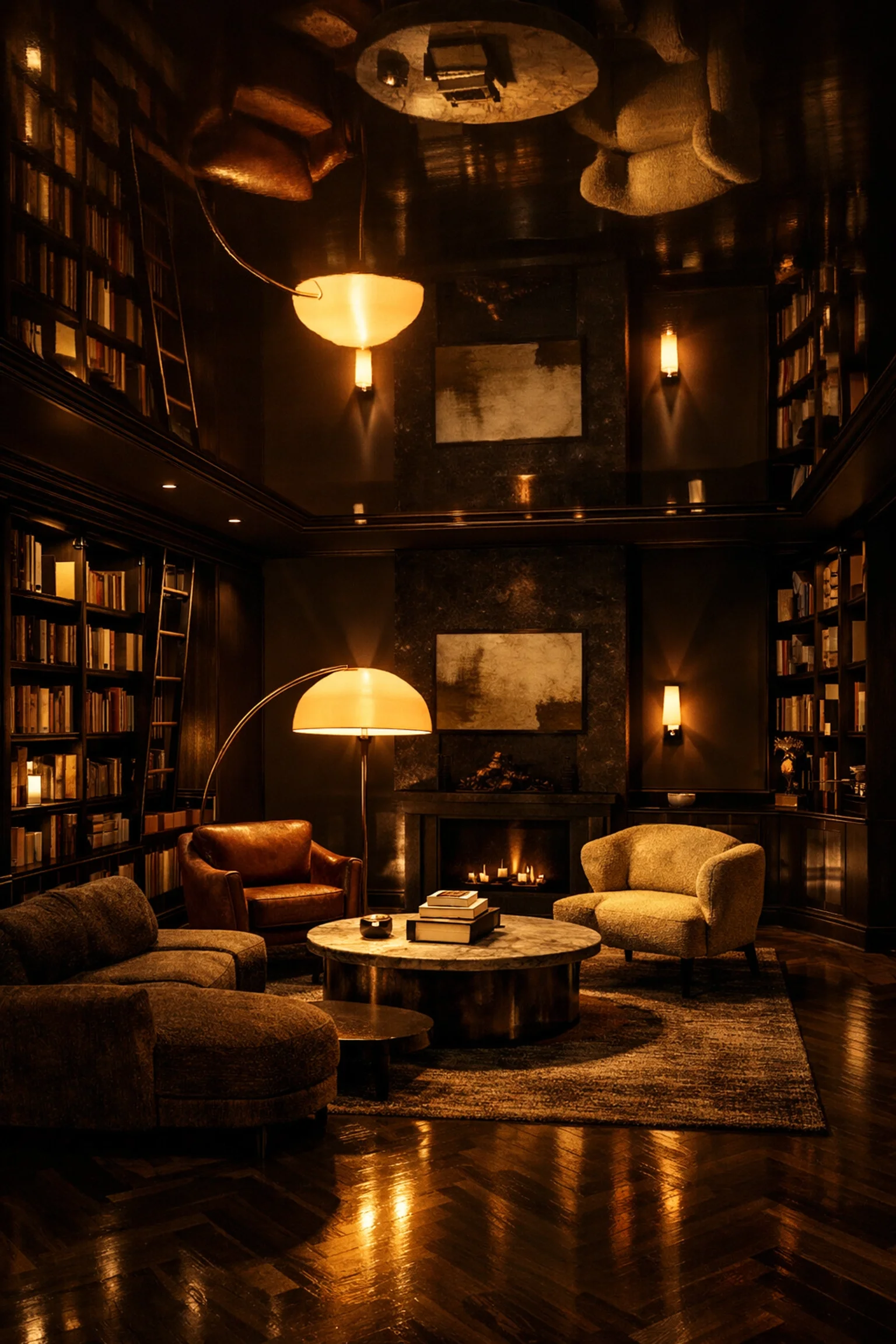 Sophisticated library with a high-gloss chocolate brown ceiling reflecting warm ambient lighting from floor lamps.