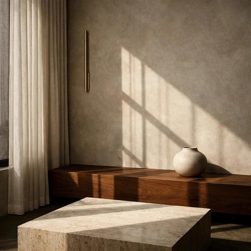 North Texas light is loud.
So we design like it.

Forget the sterile, blown-out white box. That sun wins every time.

Instead:
Plaster and limewash to catch shadow, not glare.
Walnut to ground the space.
Linen sheers and layered shades to cut the edg