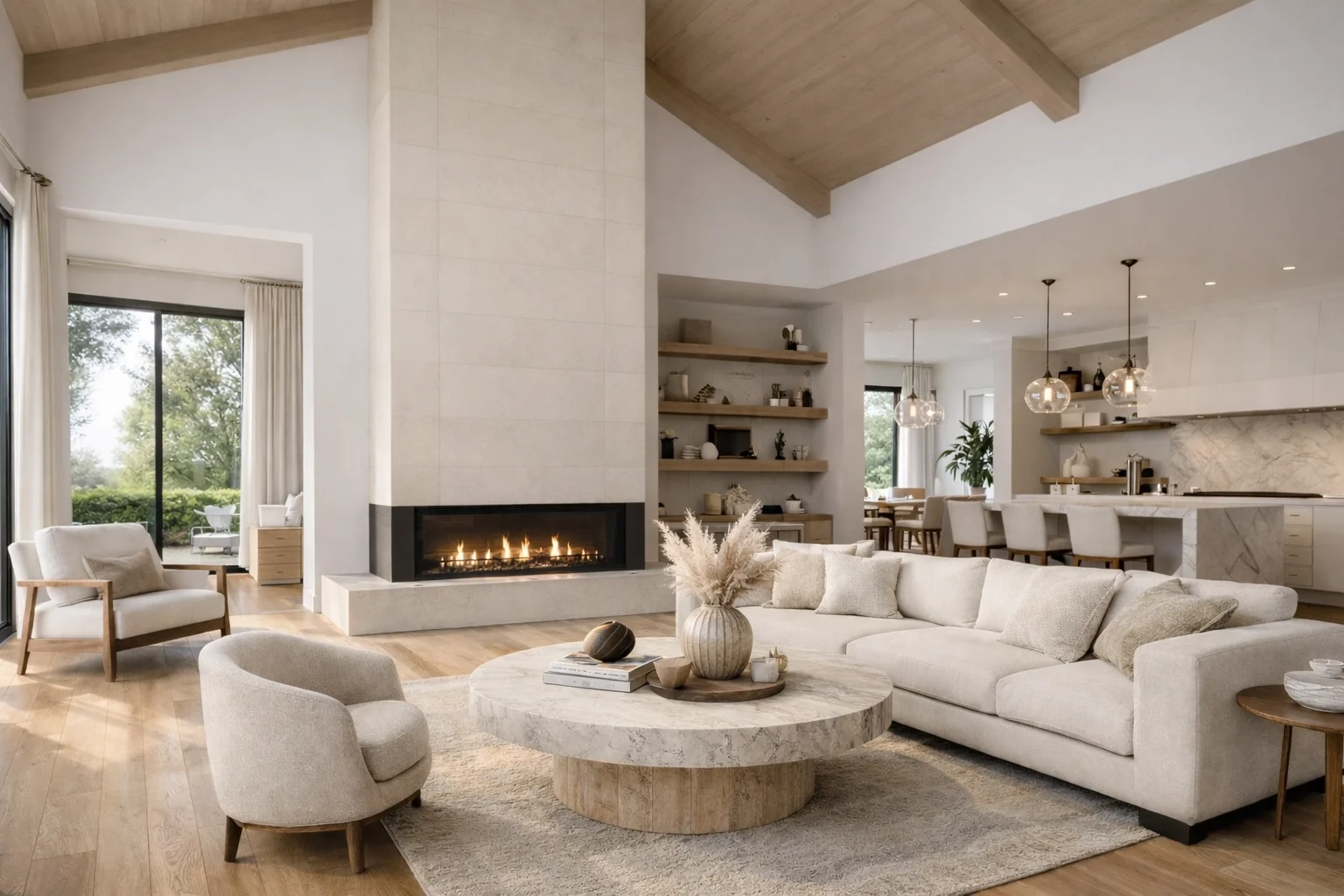 A photorealistic wide-angle shot of a bright, modern luxury living room with neutral tones, white oak floors, and large windows, showcasing high-end interior design work