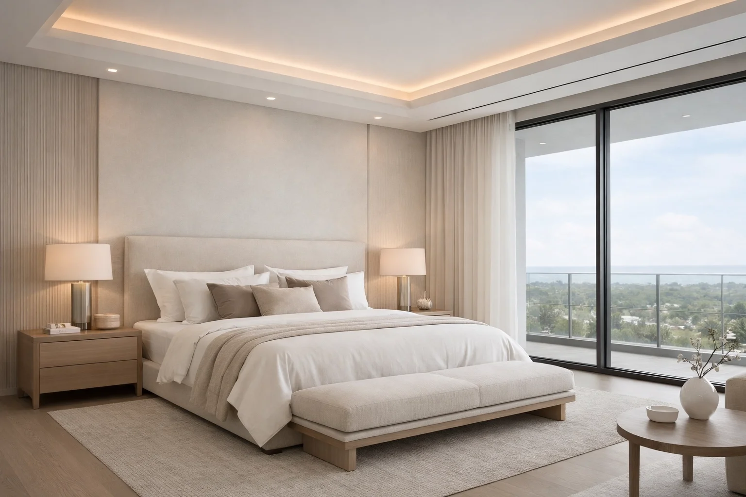 Luxury master bedroom suite with high-end linens, a neutral color palette, and floor-to-ceiling windows.
