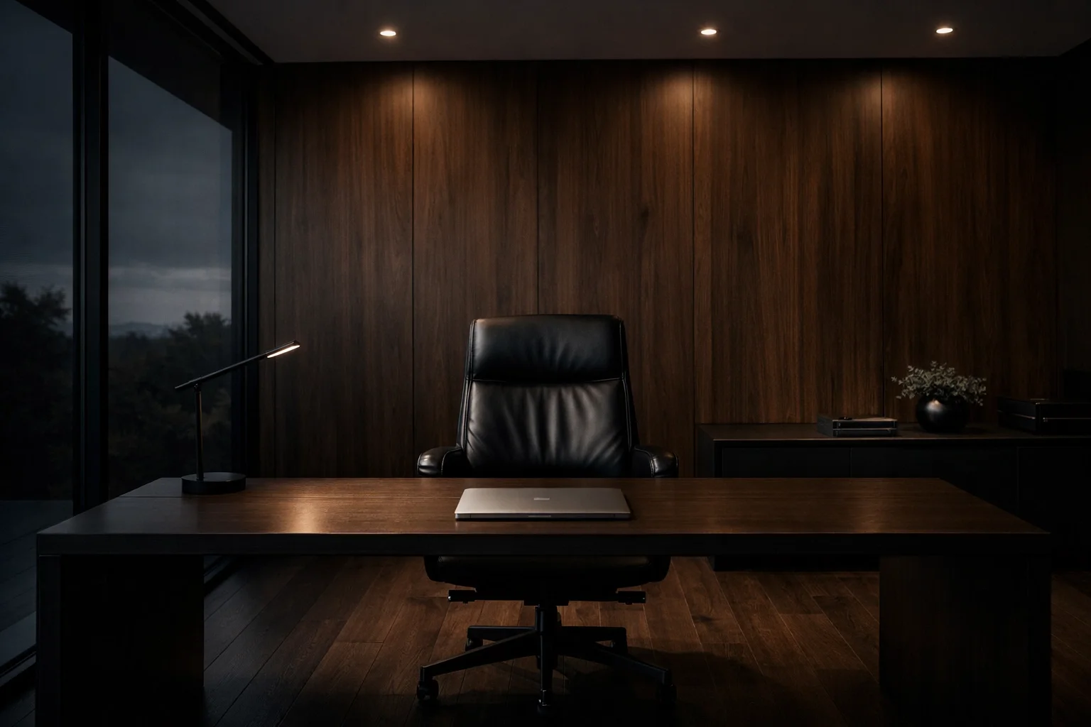  high-end minimalist home office featuring a dark walnut desk with a single closed laptop, a premium leather chair, and floor-to-ceiling windows with soft architectural lighting by Haus of Sabo.