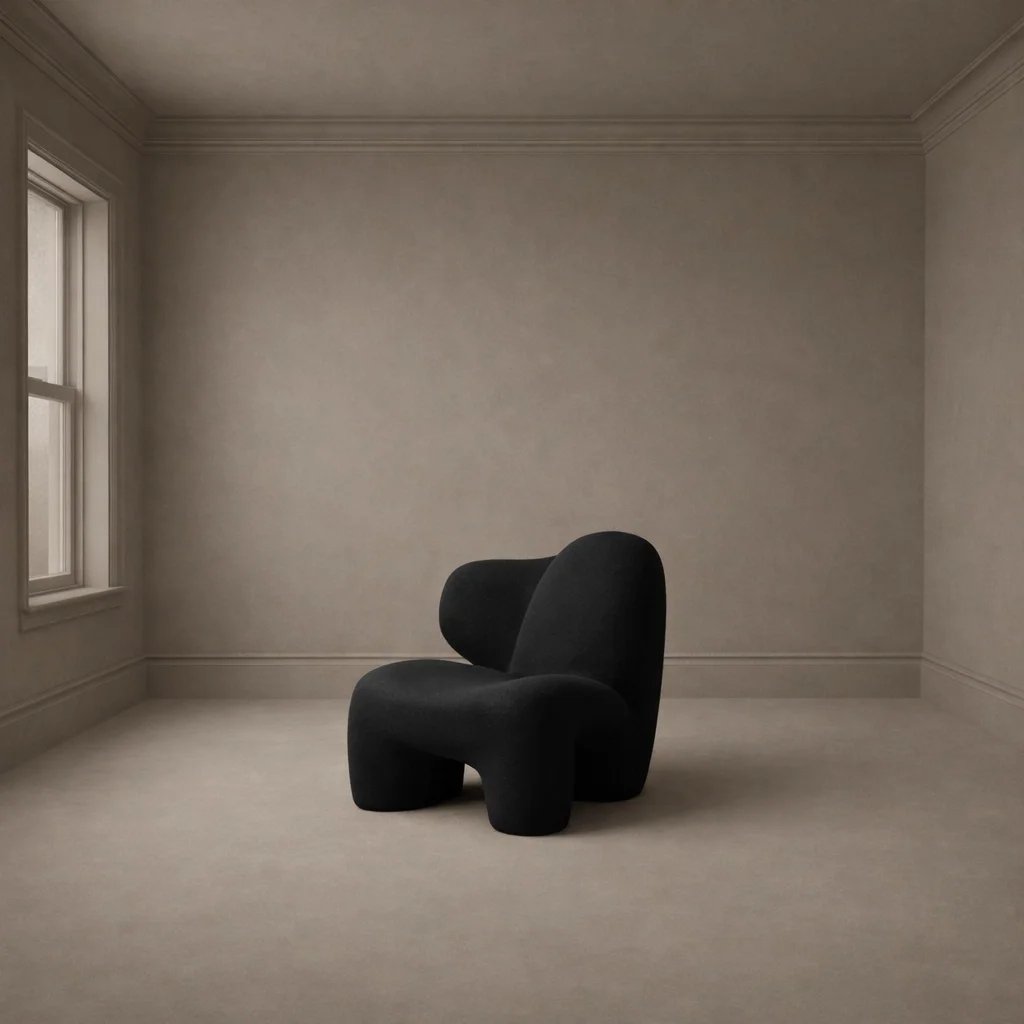 Monochromatic minimalist room featuring taupe color drenching across walls and the ceiling for a seamless architectural look.