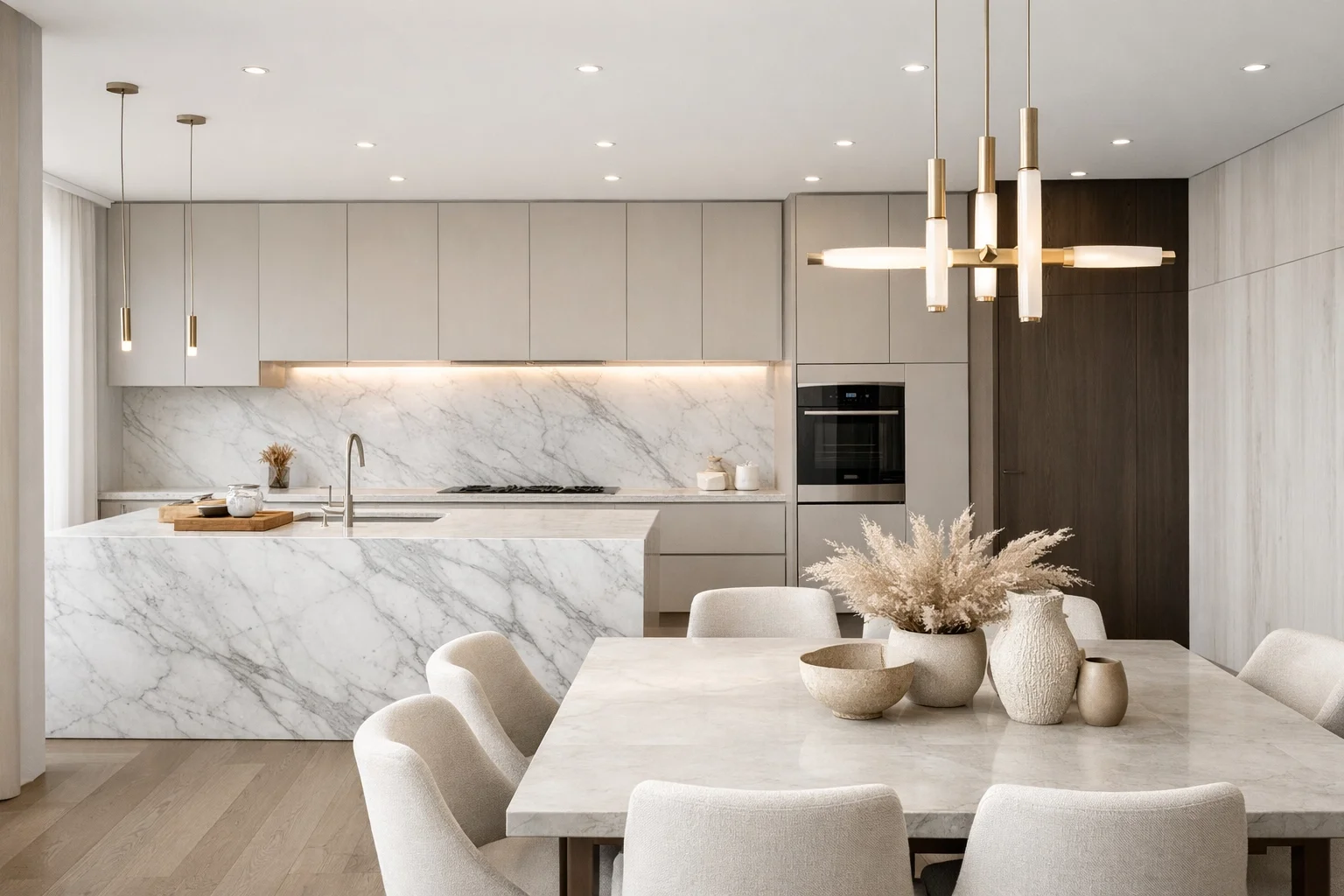 Luxury modern kitchen with minimalist cabinetry, marble countertops, and architectural lighting designed for luxury homes.