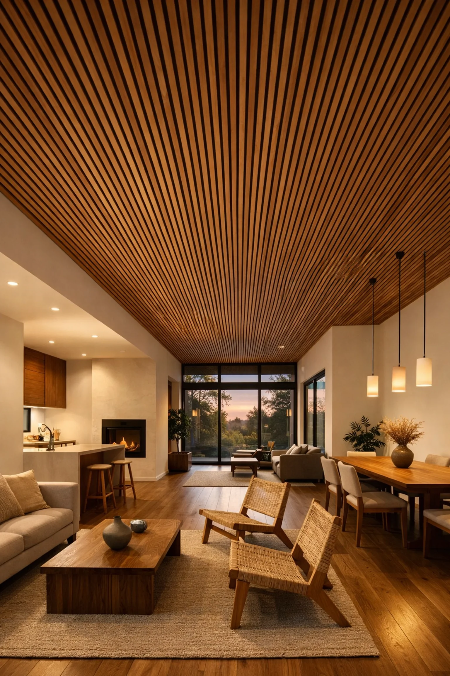 Modern East Texas home interior with a structural oak wood-clad ceiling and clean Japandi-inspired lines.