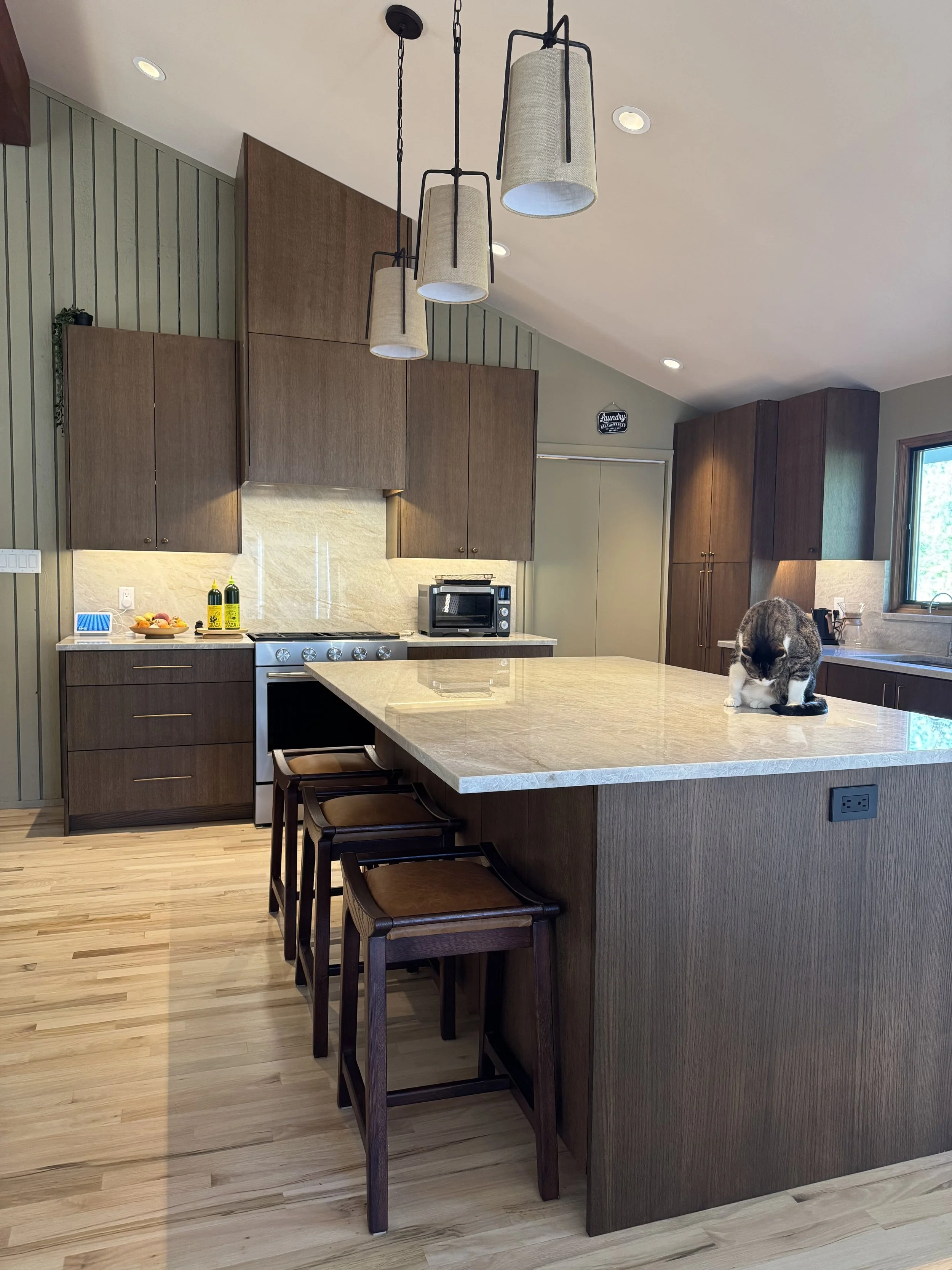 Custom Red Oak Hood and Kitchen view 2