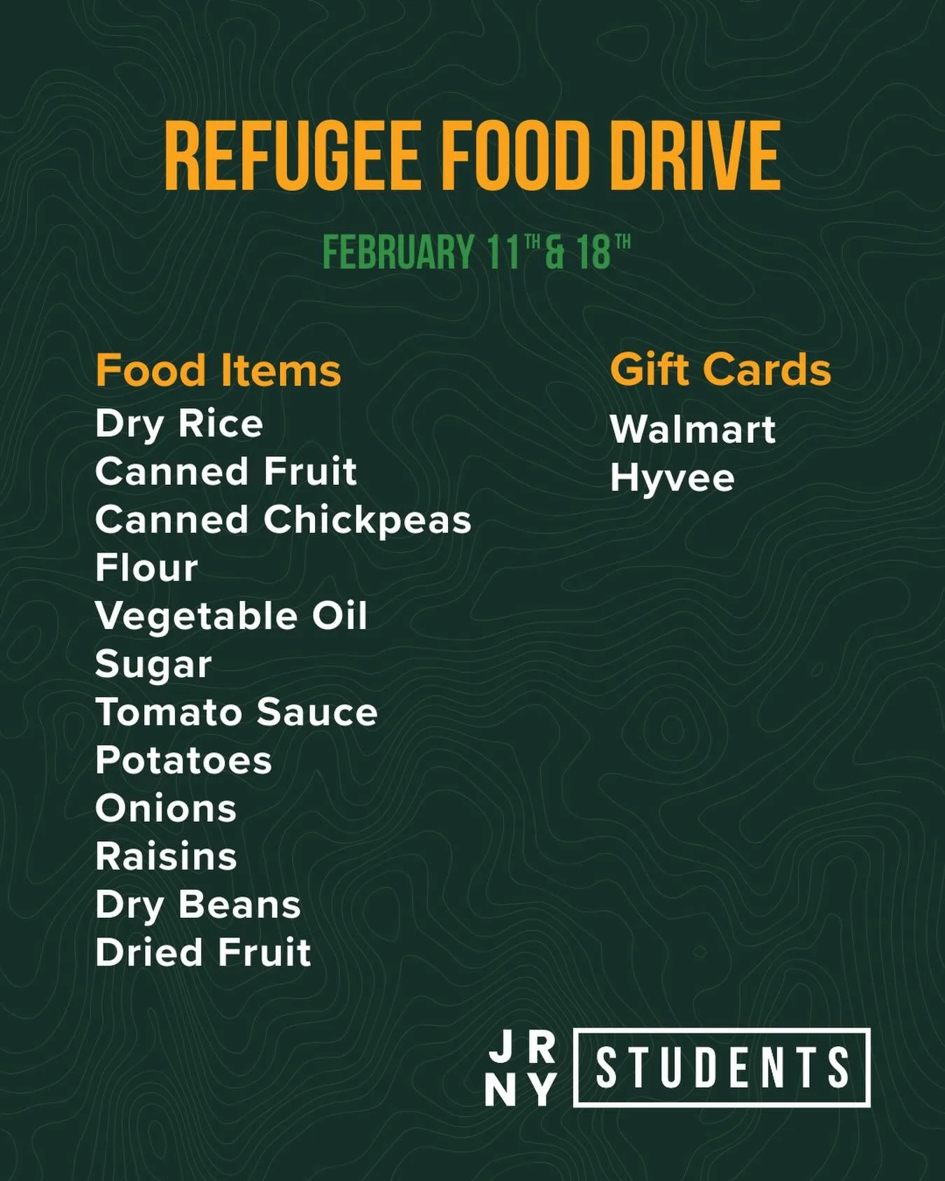 John 15:12 &ldquo;My command is this: Love each other as I have loved you.&rdquo;

We are partnering with the local refugee serve team this Wednesday and next Wednesday to be the hands and feet of Jesus for those right here in our community.