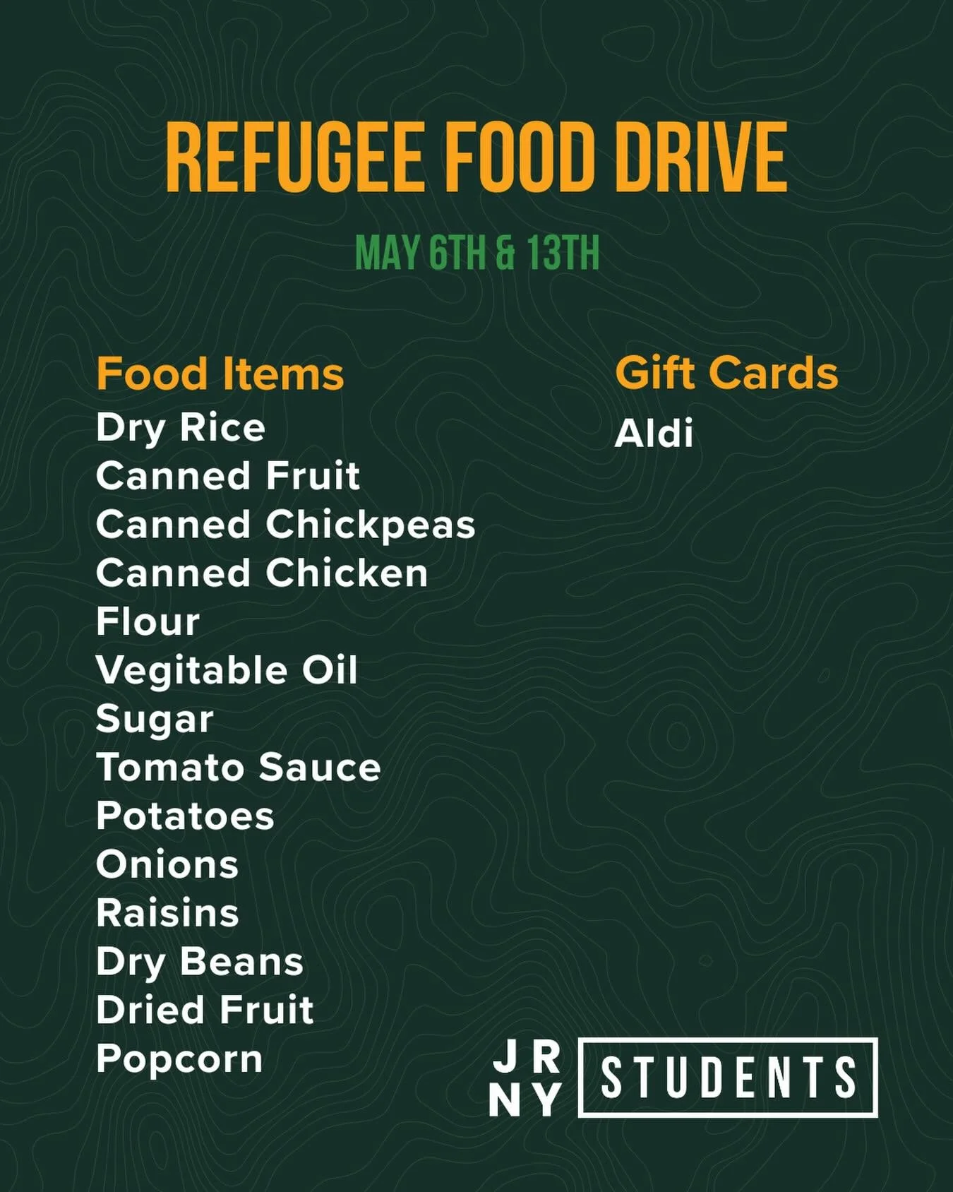 End of Year Refugee Food Drive!!
Don&rsquo;t forget to bring food items the next two weeks! 

For the kingdom!
