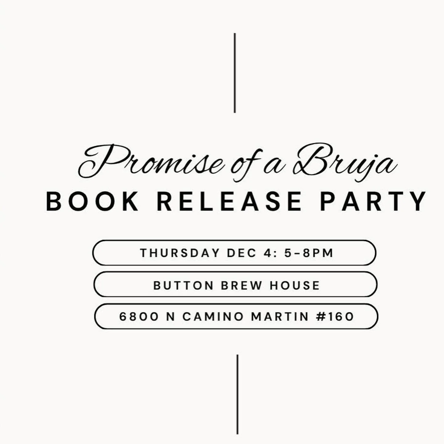 This week at Button Brew House!

12.04 Thu Open 2-8pm
5-7pm Hoppy Hour
5-8pm Book Release Party &lsquo;Promise of a Bruja&rsquo;

12.05 Fri Open 12-10pm
25% off Pitchers 
5-7pm Hoppy Hour
6-8 pm Music with Taylor Tunes
23 Spices Food Truck

12.06 Sat