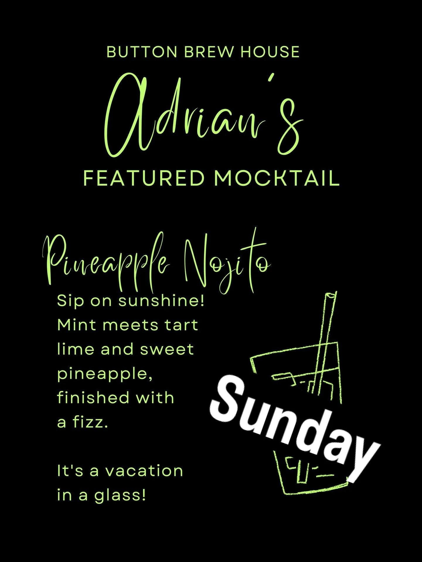 Introducing Adrian&rsquo;s Pineapple NO-jito !!! Sunday April 24 12-6pm get it while you can

Don&rsquo;t forget $2off Micheladas every Sunday