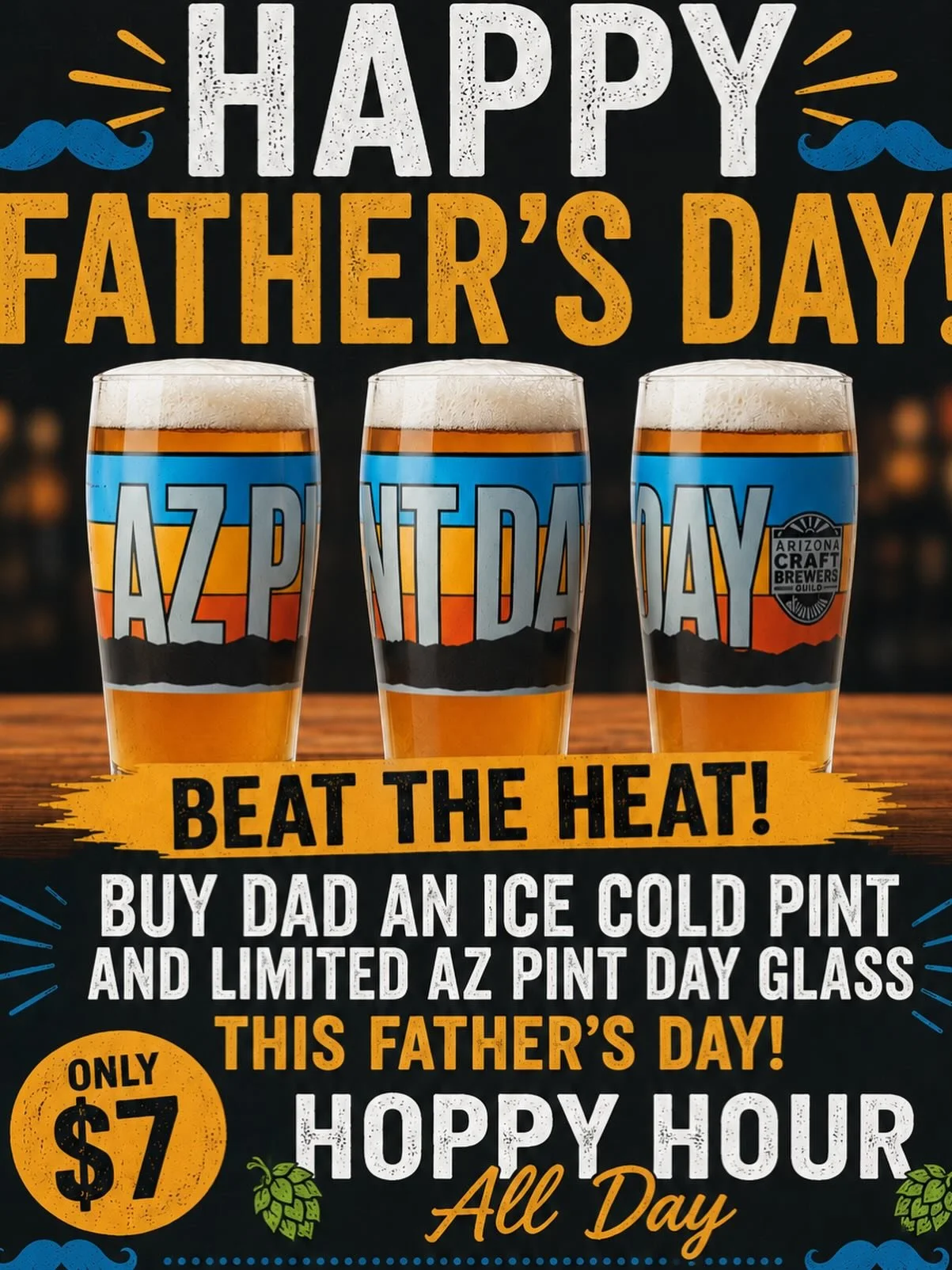 Cool down with an ice cold pint!

⚽️ WILL BE ON! Gooooooal 🥅 

Open 12-6 with @johnny.brimstone 

Limited AZ Pint Day Glasses available for purchase. Hoppy Hour ALL day!

Happy Father&rsquo;s Day!