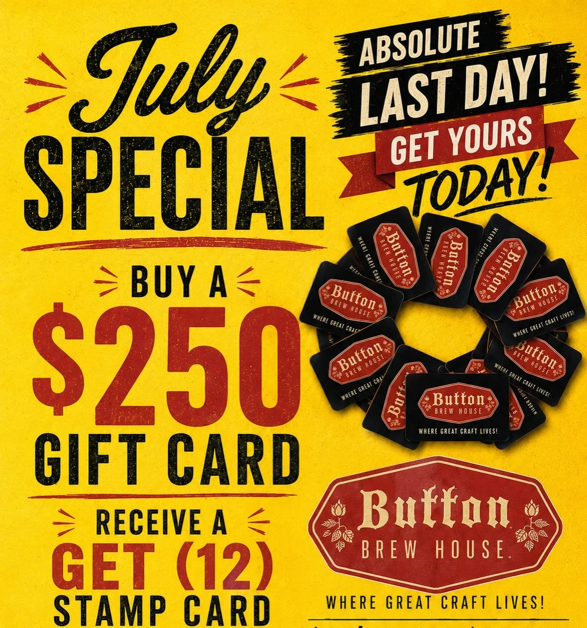 July Special Extended! TODAY 8/1/26 is the LAST DAY. Buy a $250 gift card get a stamp card. If you already have a stamp card, you can start your new one on a later date.

Open 12-10pm | Music: Buck Helton &amp; Dave Hindelman

Closed Sunday 8/2