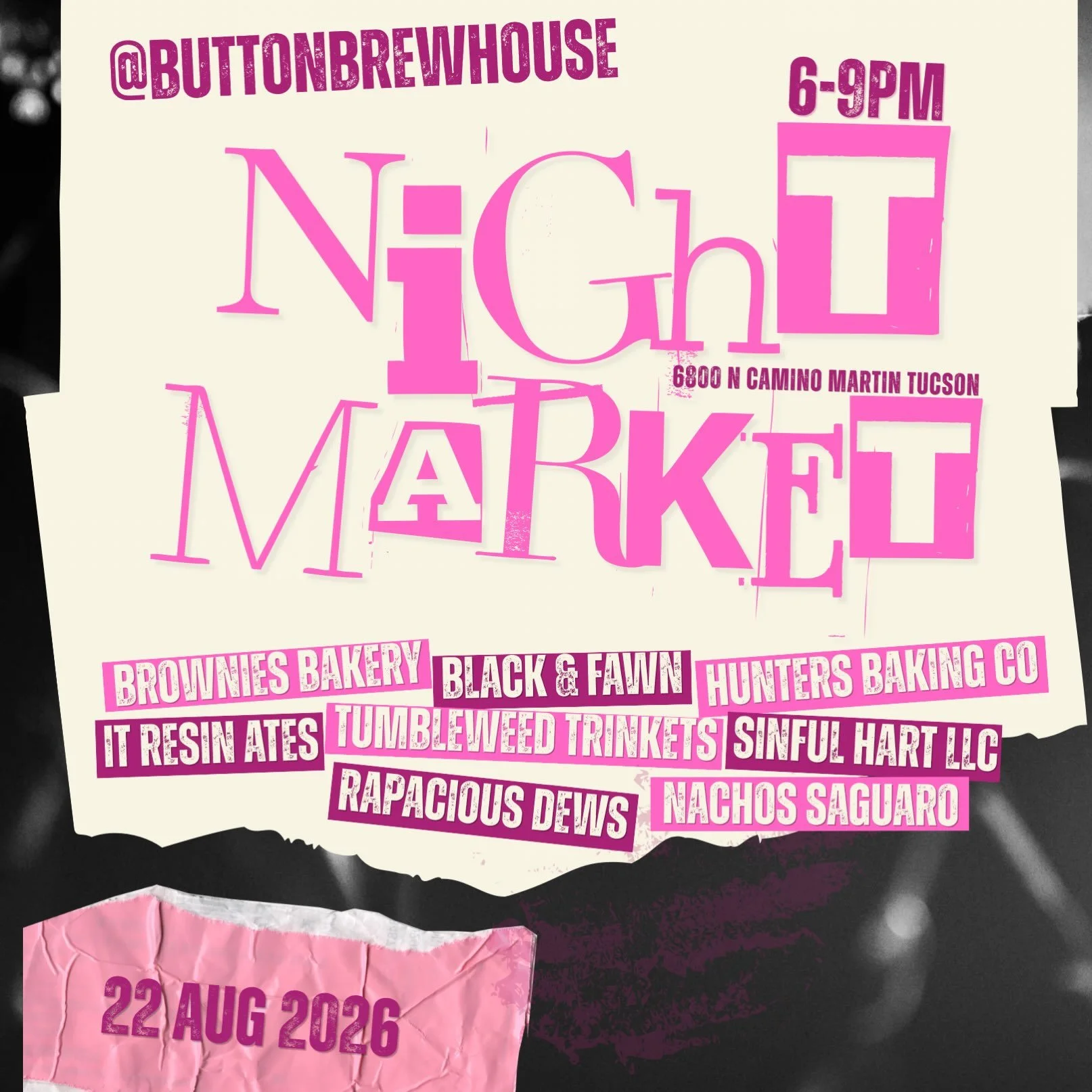 Tonight 
Saturday 8/22/26 6-9pm

Local Artisan Market featuring:
@saguarosalsas Nacho Saguaro

@blackandfawndesigns Black and Fawn Designs

@browniesbakeryaz Brownies Bakery

@huntersbakingco Hunter&rsquo;s Baking Co

@it_resin_ates It Resin Ates

@r