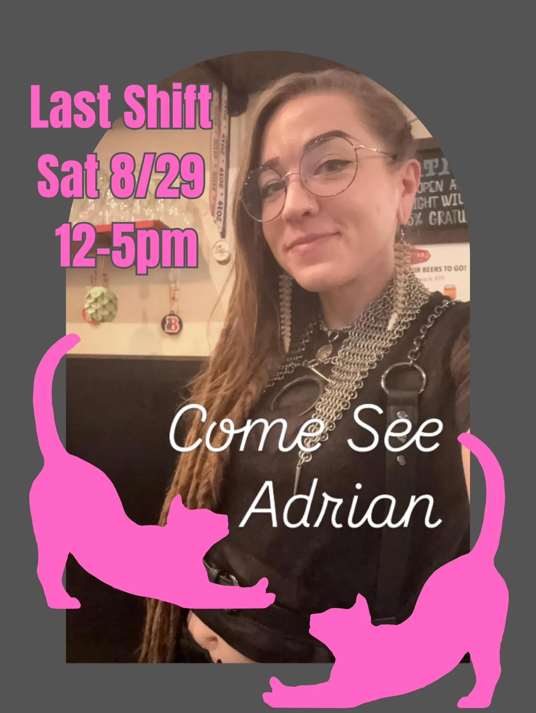 Byeee Adrian 💕

08.29 Sat Open 12-10pm
12-2pm Hoppy Hour | ADRIAN&rsquo;S LAST SHIFT 12-5pm
6pm 🎤 Music: Buck Helton | 🍴Food: Order in or bring food in (always welcome)

08.30 Sun Open 12-6pm
12-2pm Hoppy Hour | $2 Off Micheladas
Customer Cook Out