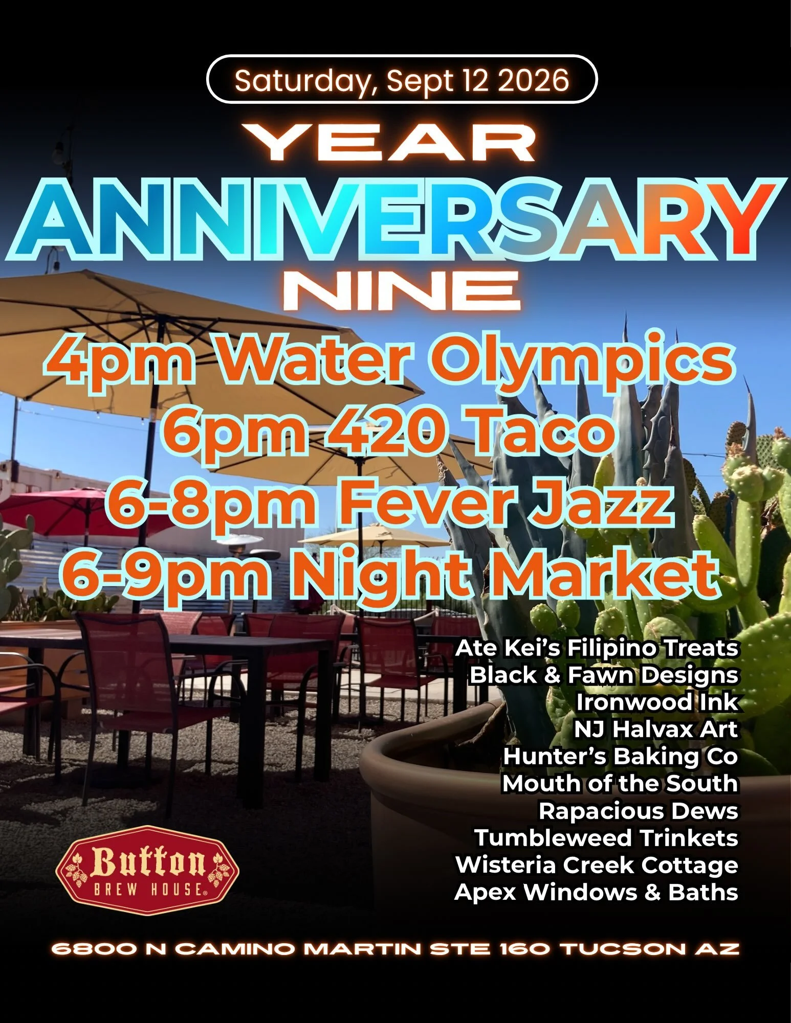 Come celebrate with Erika &amp; Todd all day today 12-10pm. We&rsquo;d love to see you! Year 9

4pm Water Olympics
420 Taco
6pm Fever Jazz
6-9pm Night Market

Johnny &amp; Mike @ David will be here too!
